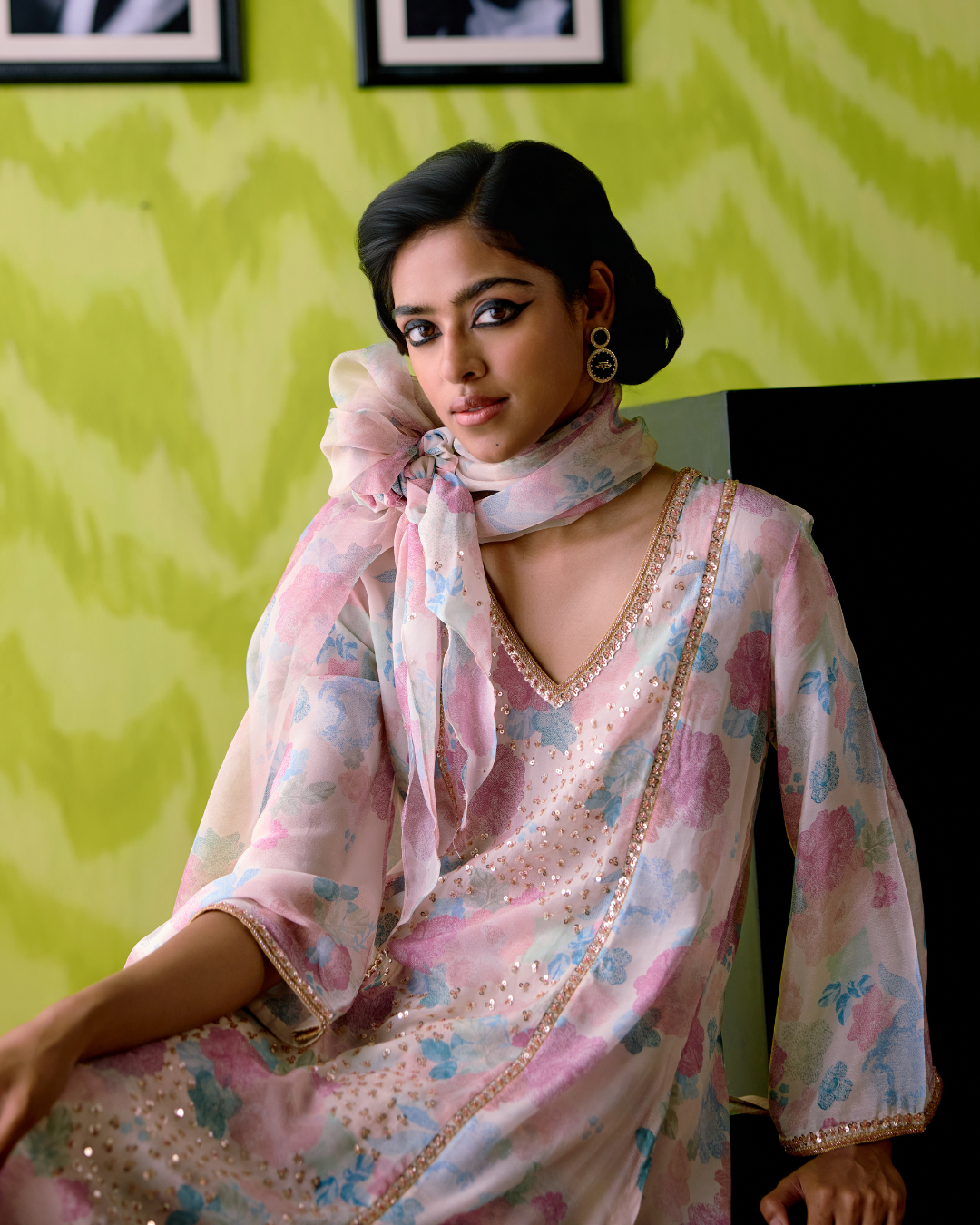 Ivory Floral Print Palled Kurta Set