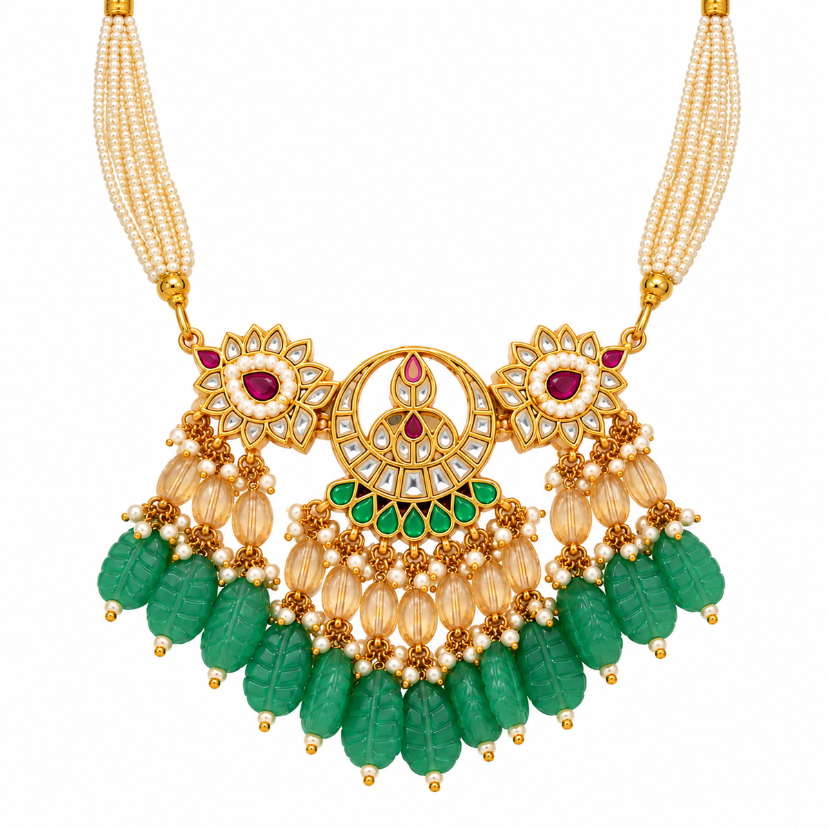 Emerald Carved Beaded Kundan Necklace Set 29