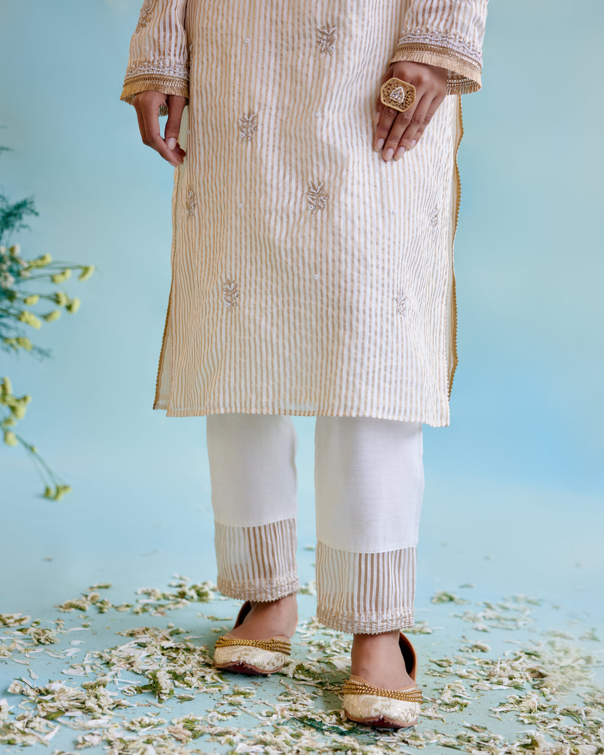 Gold Zari Crushed Stripe Tissue Kurta with Narrow Pants