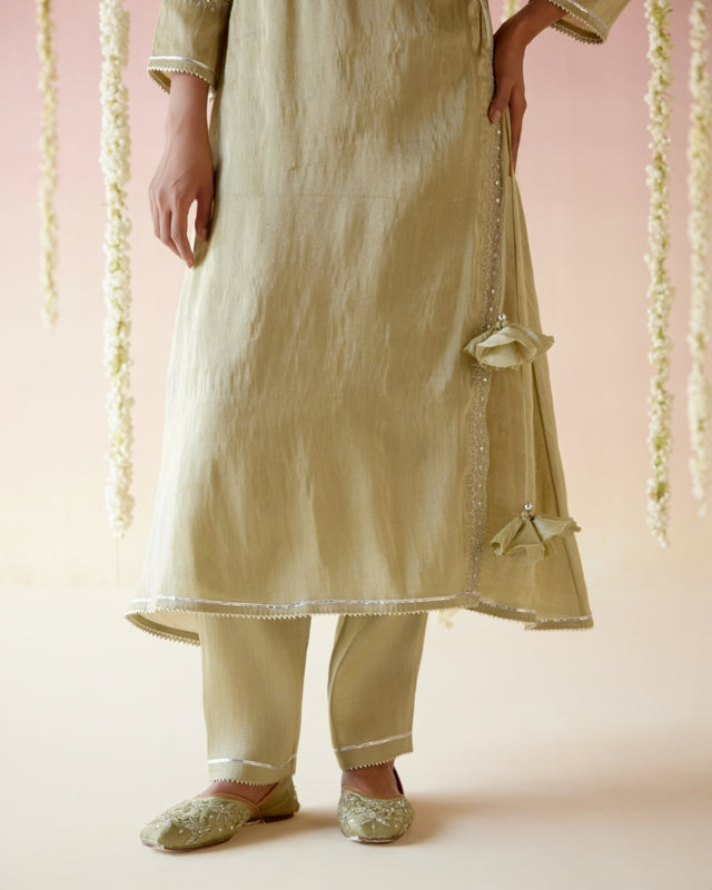 Moss Green Tissue Angarakha with Narrow Pants & Dupatta set - Set of 3