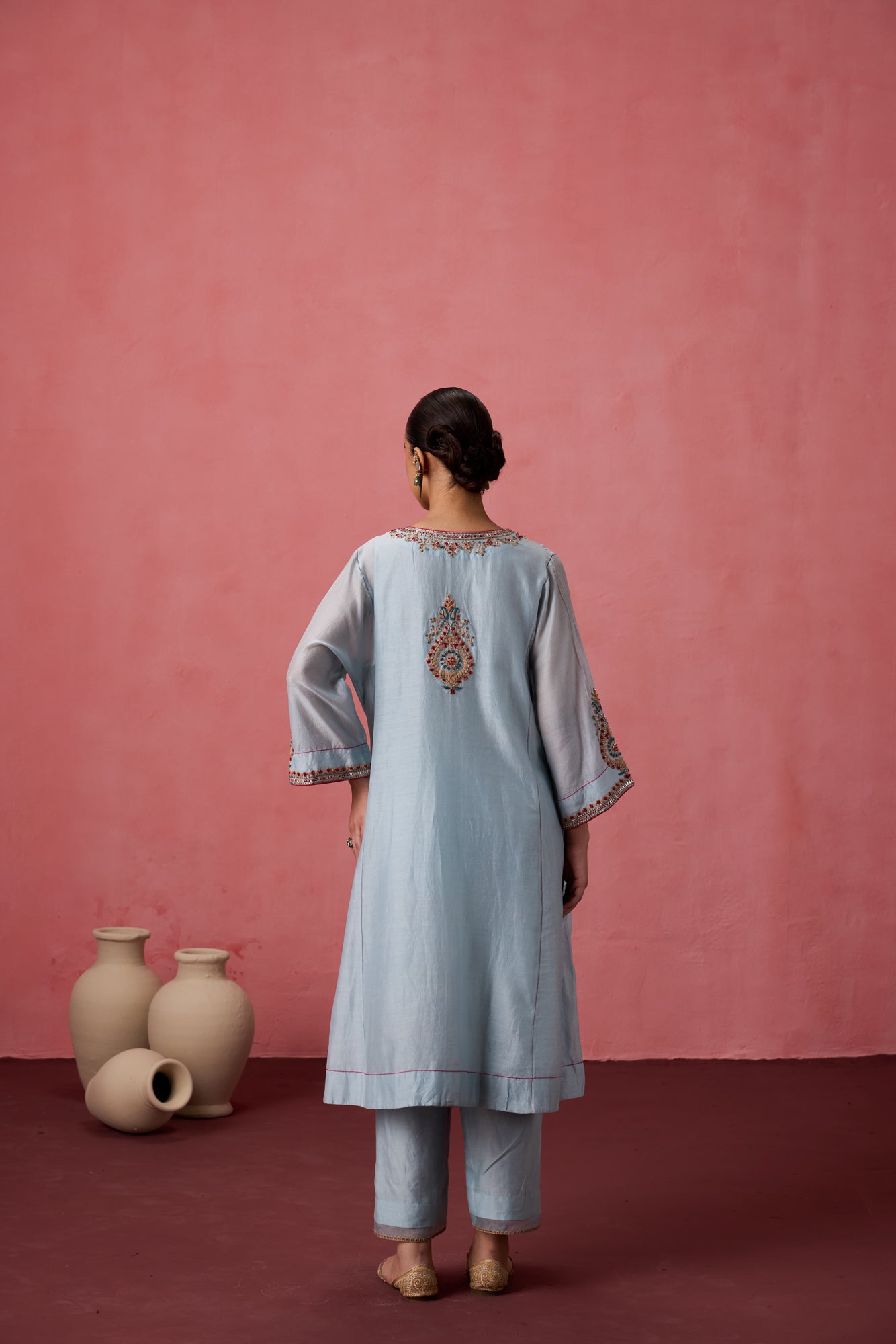 Sky blue chanderi dori work and french knot embroidered kurta paired with organic cotton slip, pant & organza dupatta