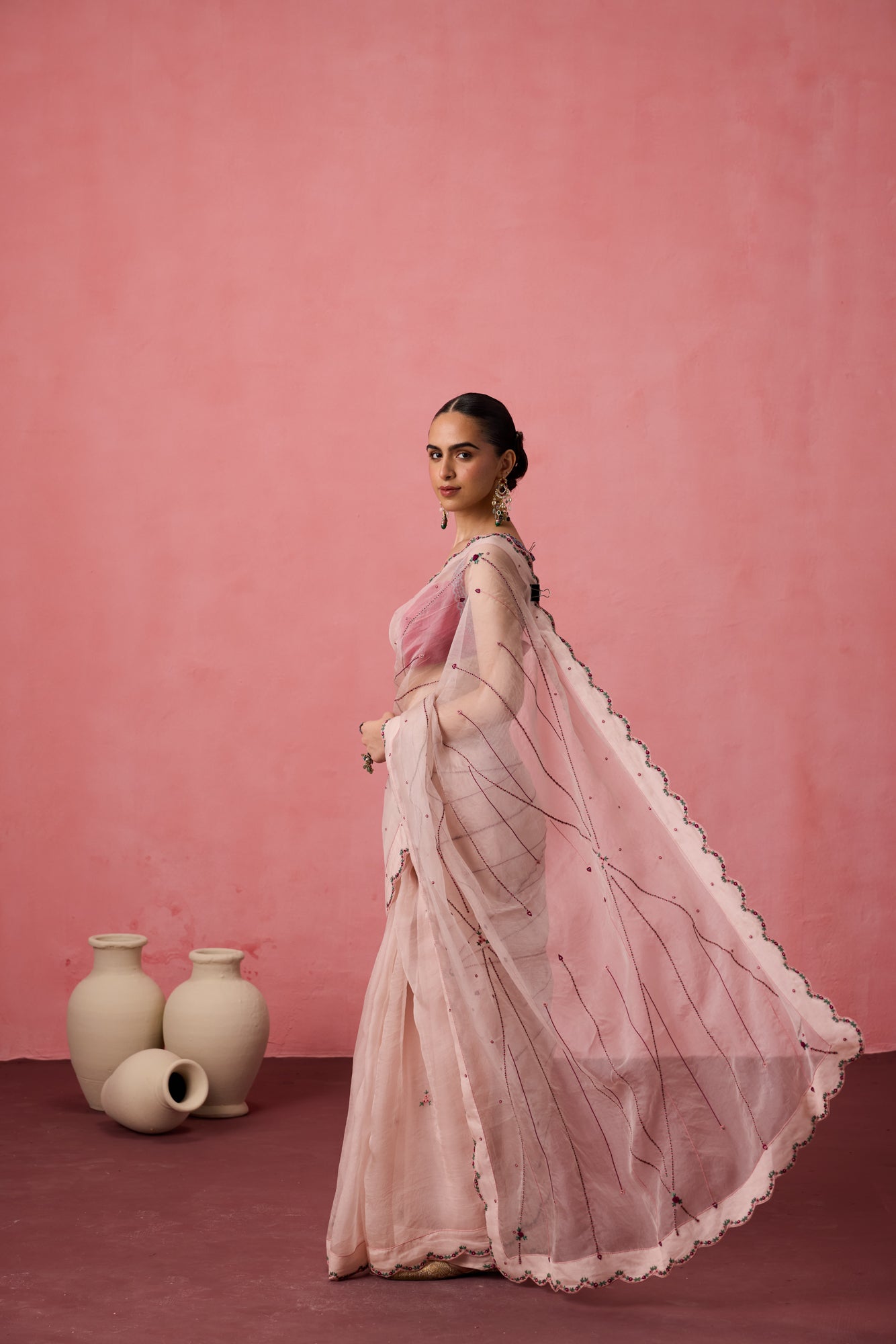 Cozy pink organza bullion & kaatha work embroidered saree comes with unstitched & unembroidered blouse fabric in chanderi