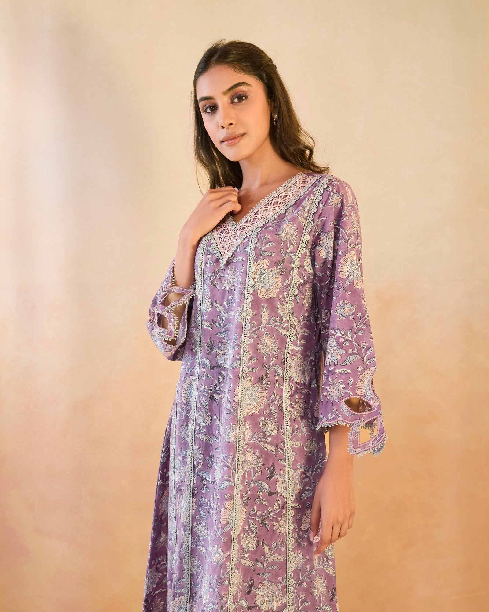 Mauve Chintz Cutwork Cotton Kurta with Wide Leg Pants