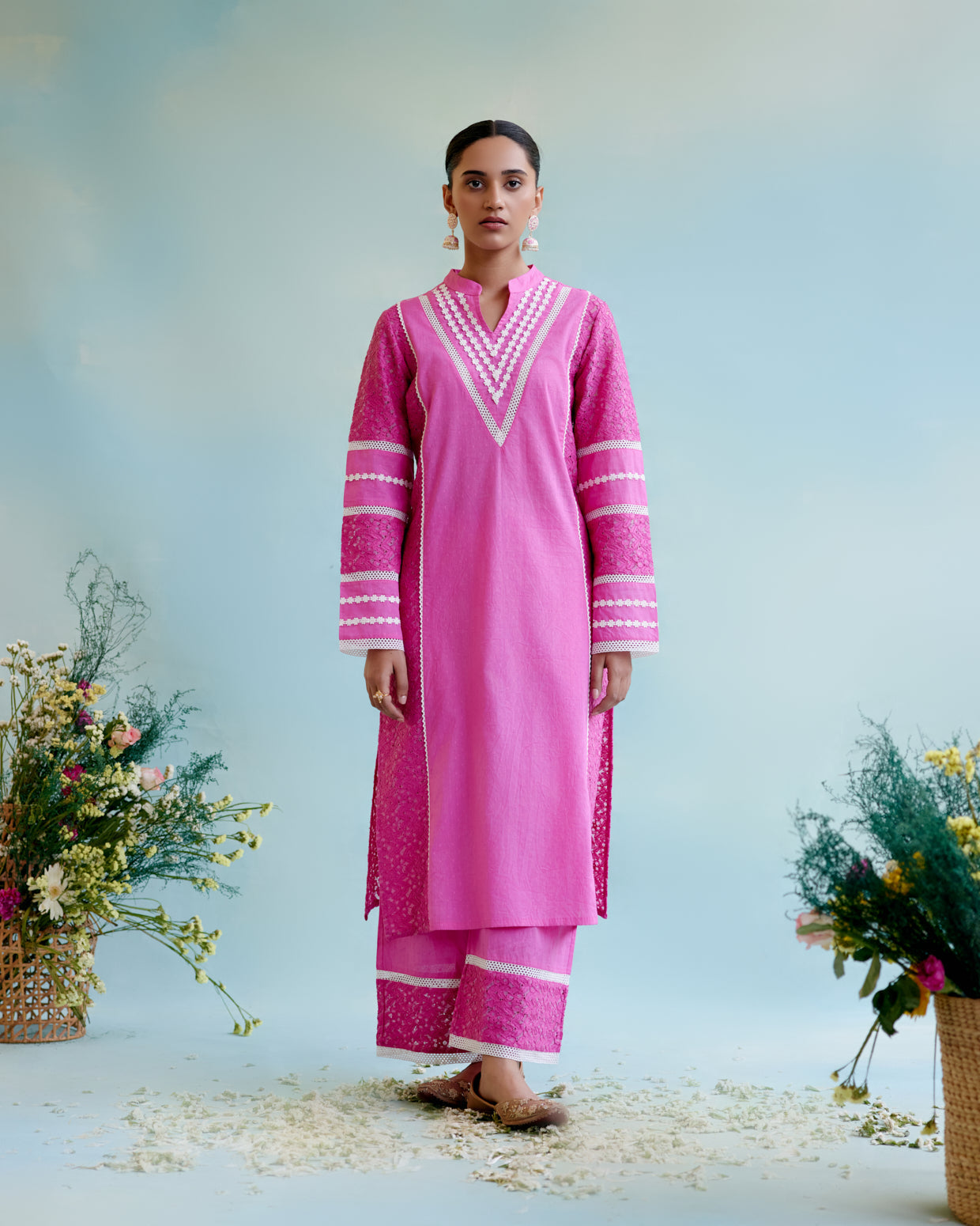 Neon Pink Kurta in Cotton Dobby and Schiffli fabric with Delicate Lace Detaling