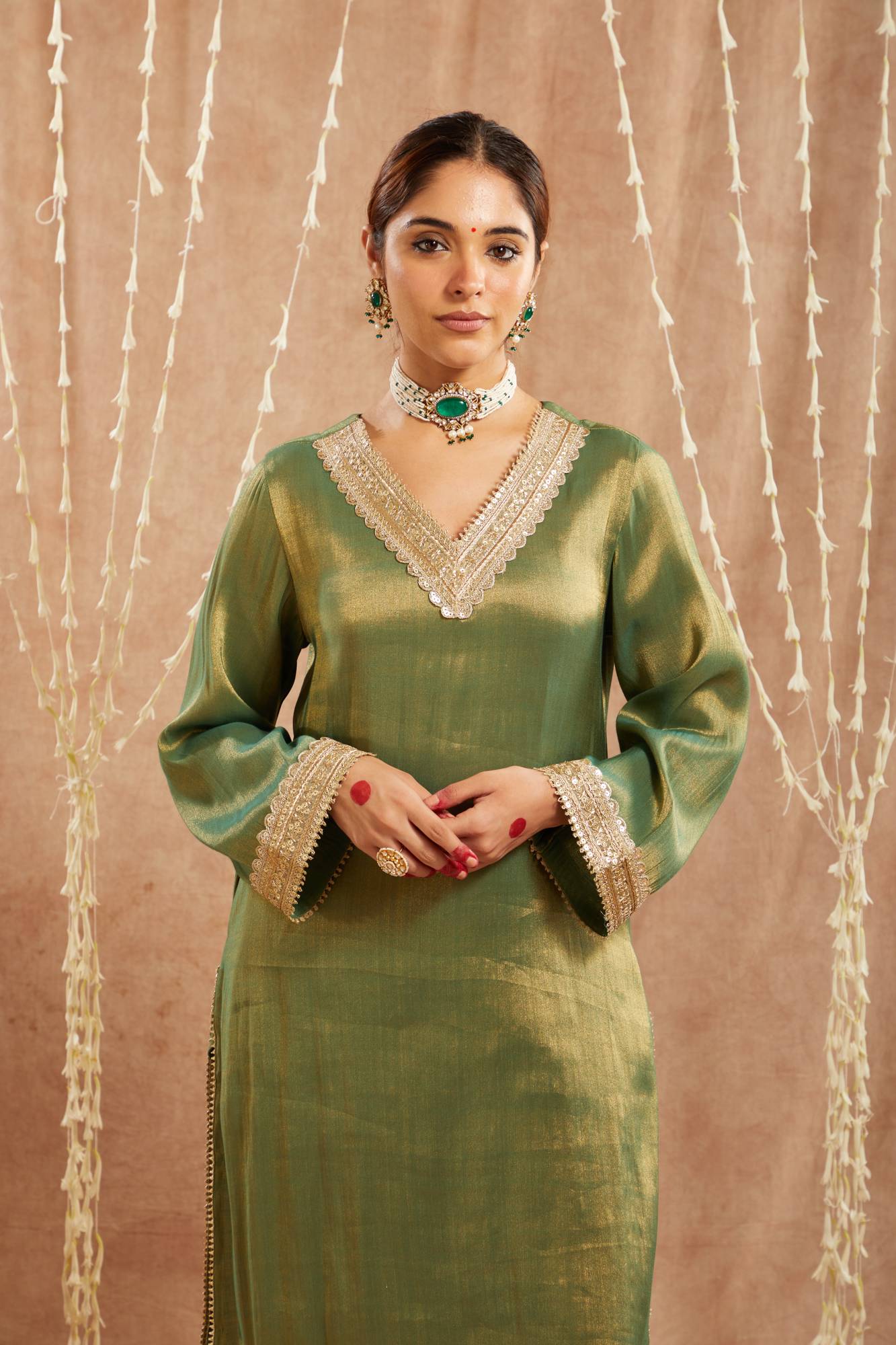 Green Sequins Gota Tissue Kurta with
Wide Leg Pants