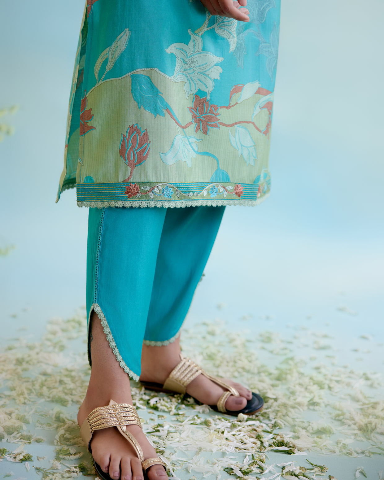 Peacock Blue Printer Kurta with delicate lace detailing with Tulip Pants and Dupatta