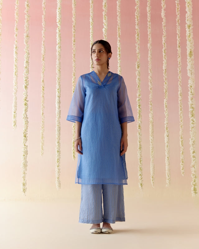 Sapphire Blue Kurta with Tissue Slip & Flared Pants - Set of 3