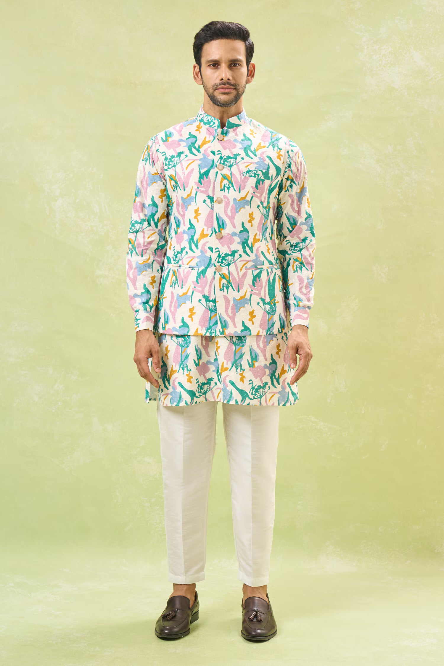 Multi Coloured Embossed Kurta-Jacket Set