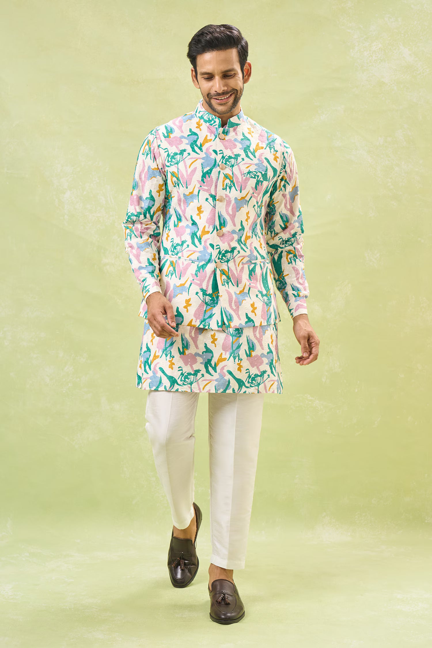Multi Coloured Embossed Kurta-Jacket Set