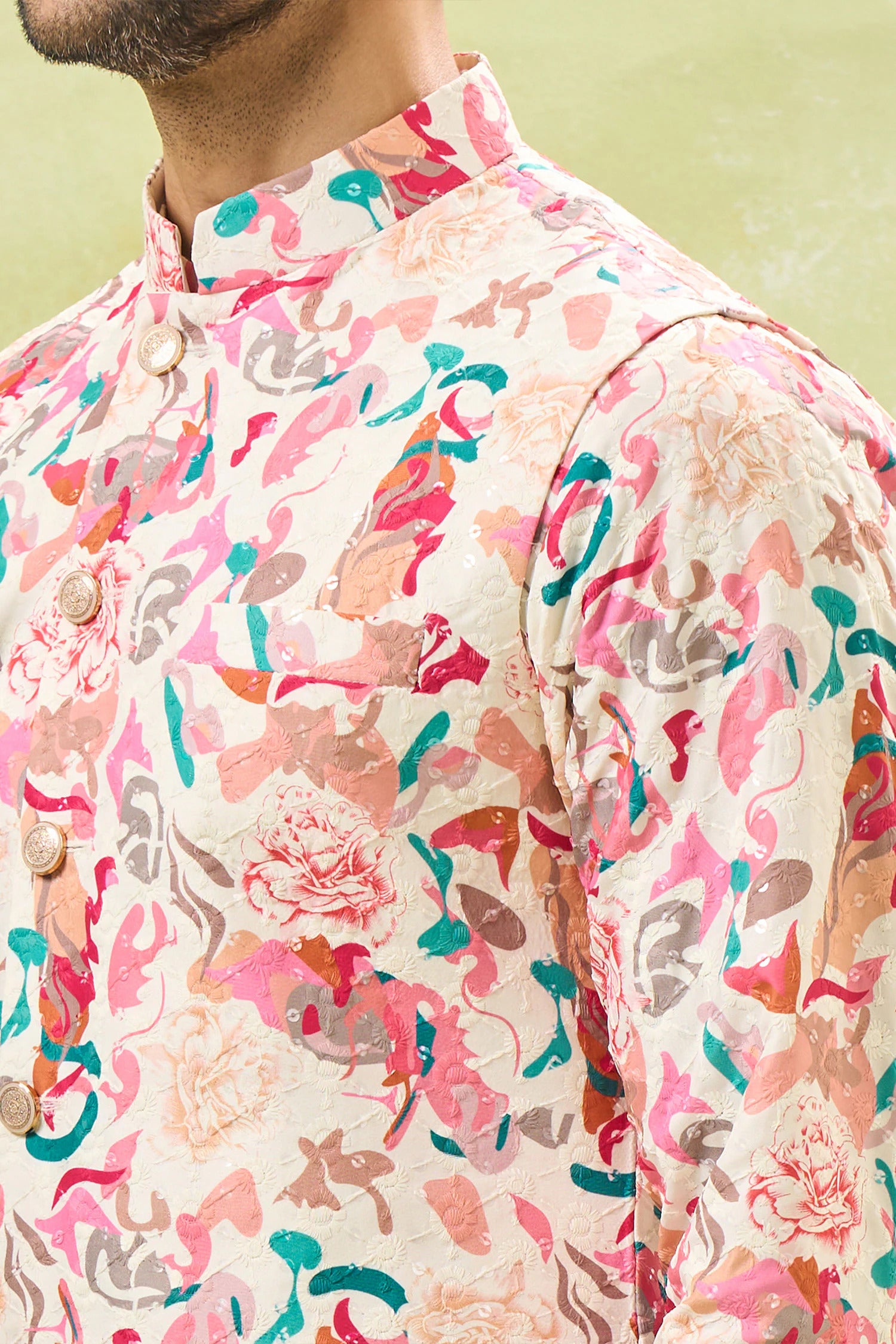 Multi Coloured Embossed Kurta-Jacket Set