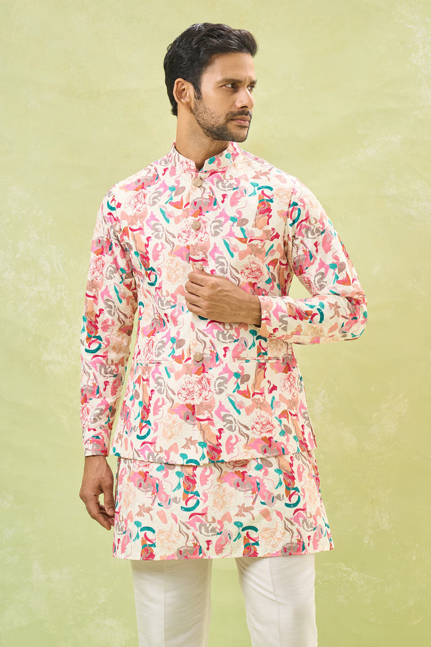 Multi Coloured Embossed Kurta-Jacket Set
