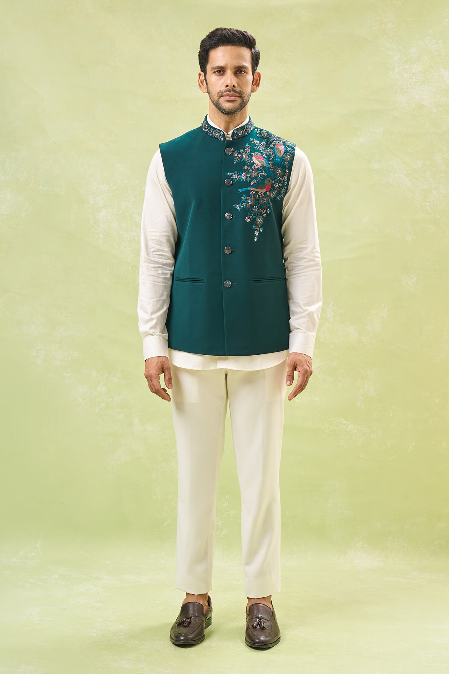 Teal Green Embroidered Nehru Jacket