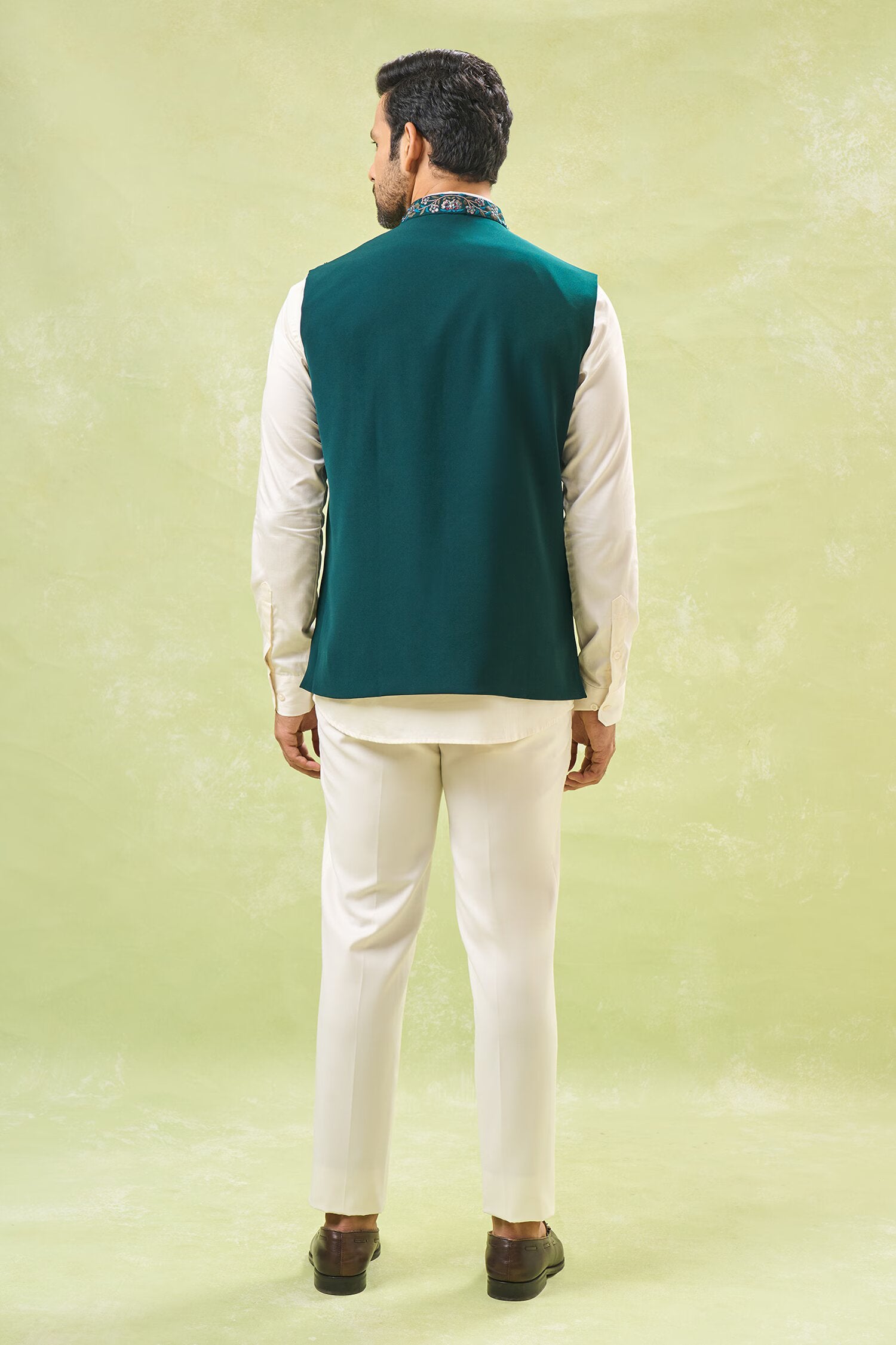 Teal Green Embroidered Nehru Jacket