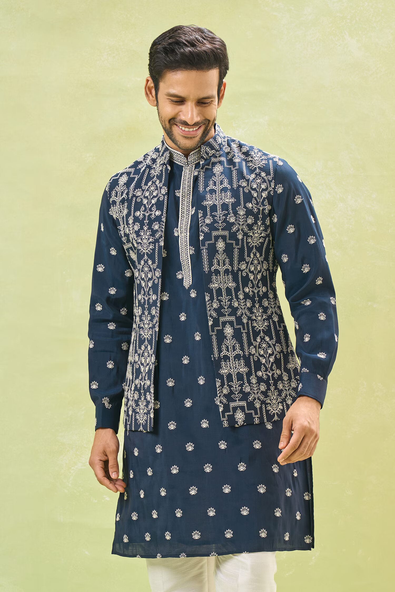 Royal Blue Embroidered Kurta-Jacket Set