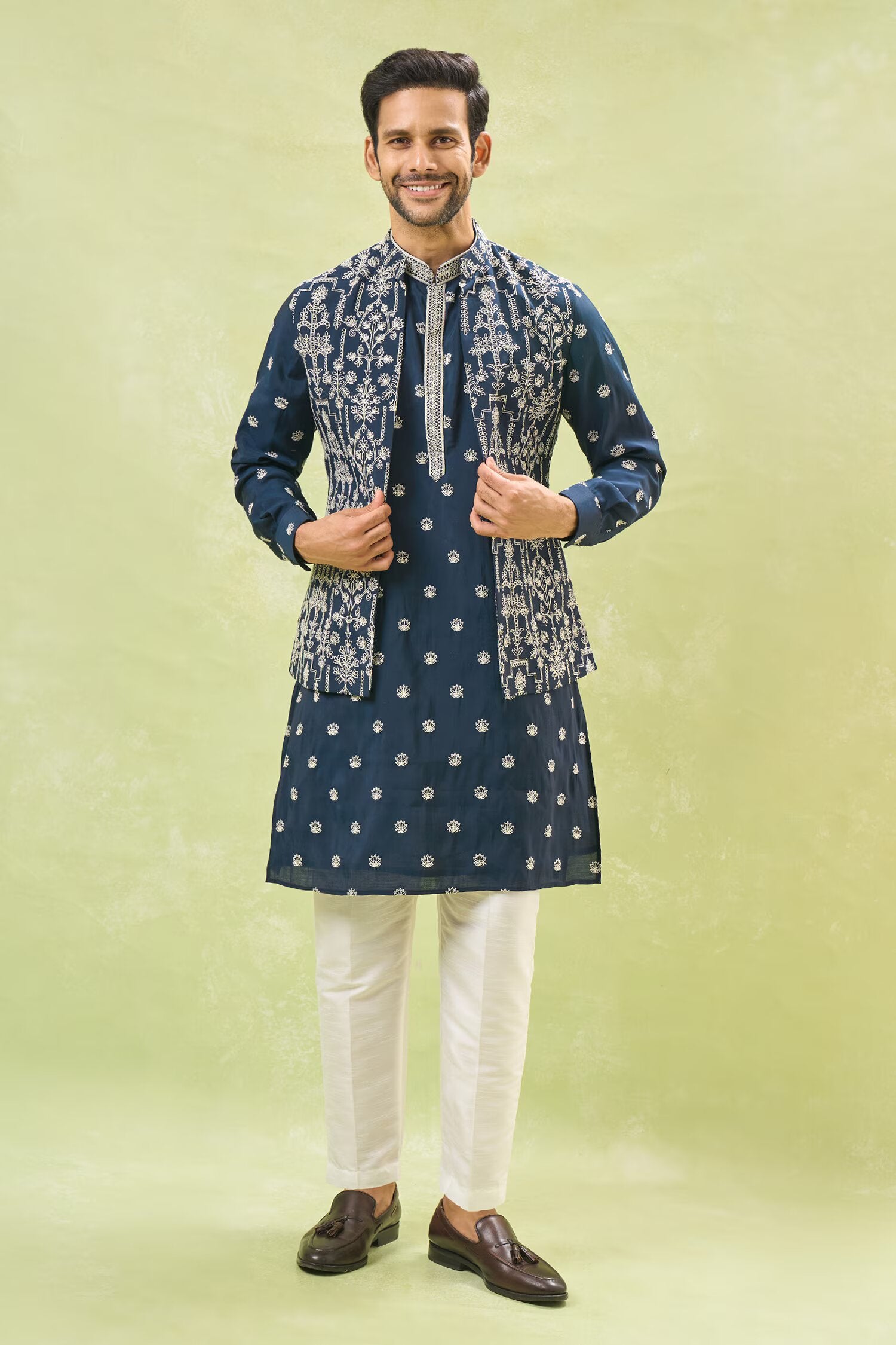Royal Blue Embroidered Kurta-Jacket Set