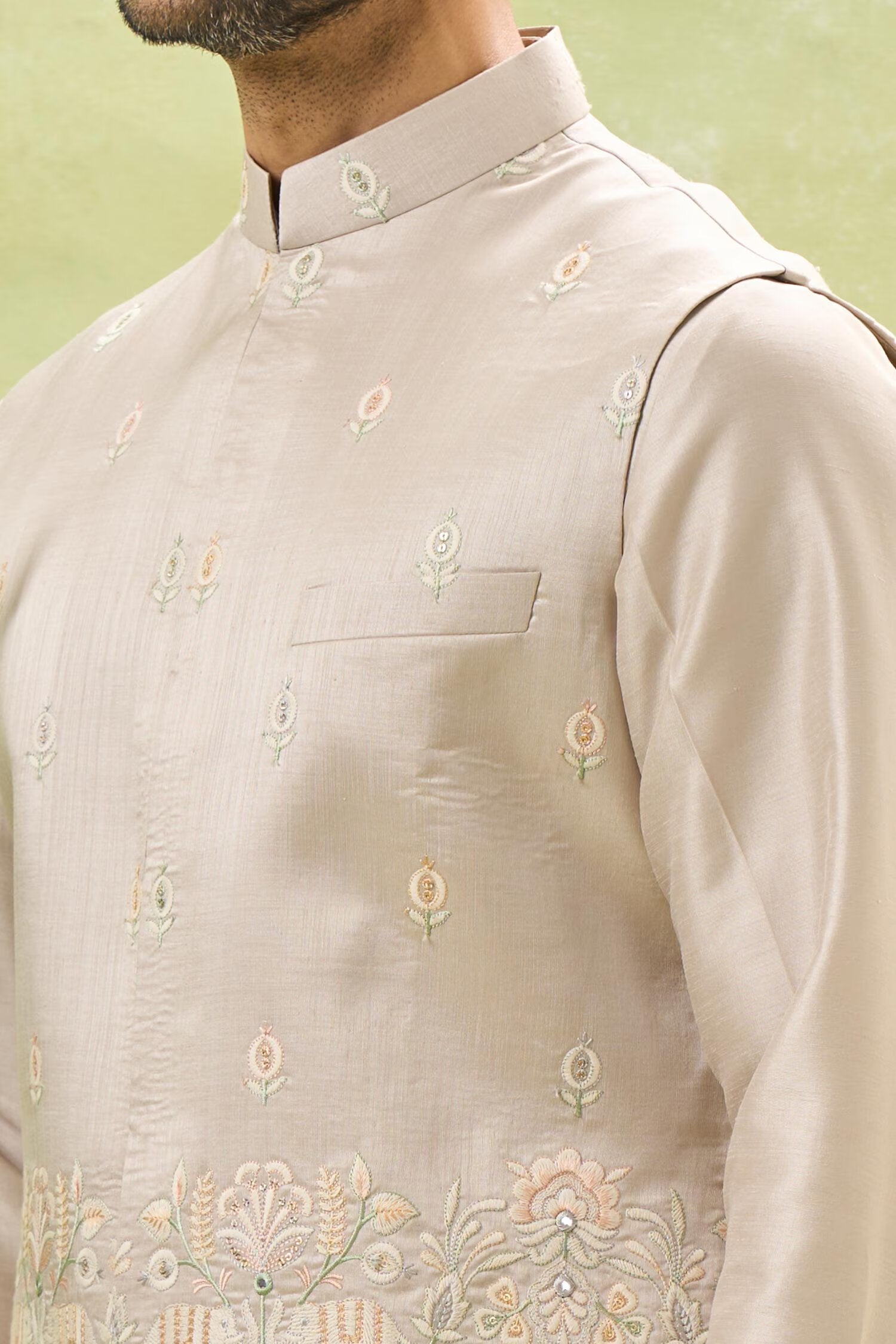 Beige Embroidered Kurta-Jacket Set