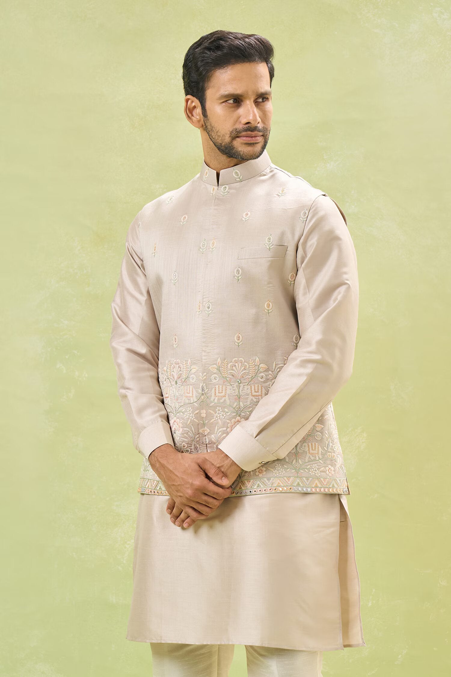 Beige Embroidered Kurta-Jacket Set