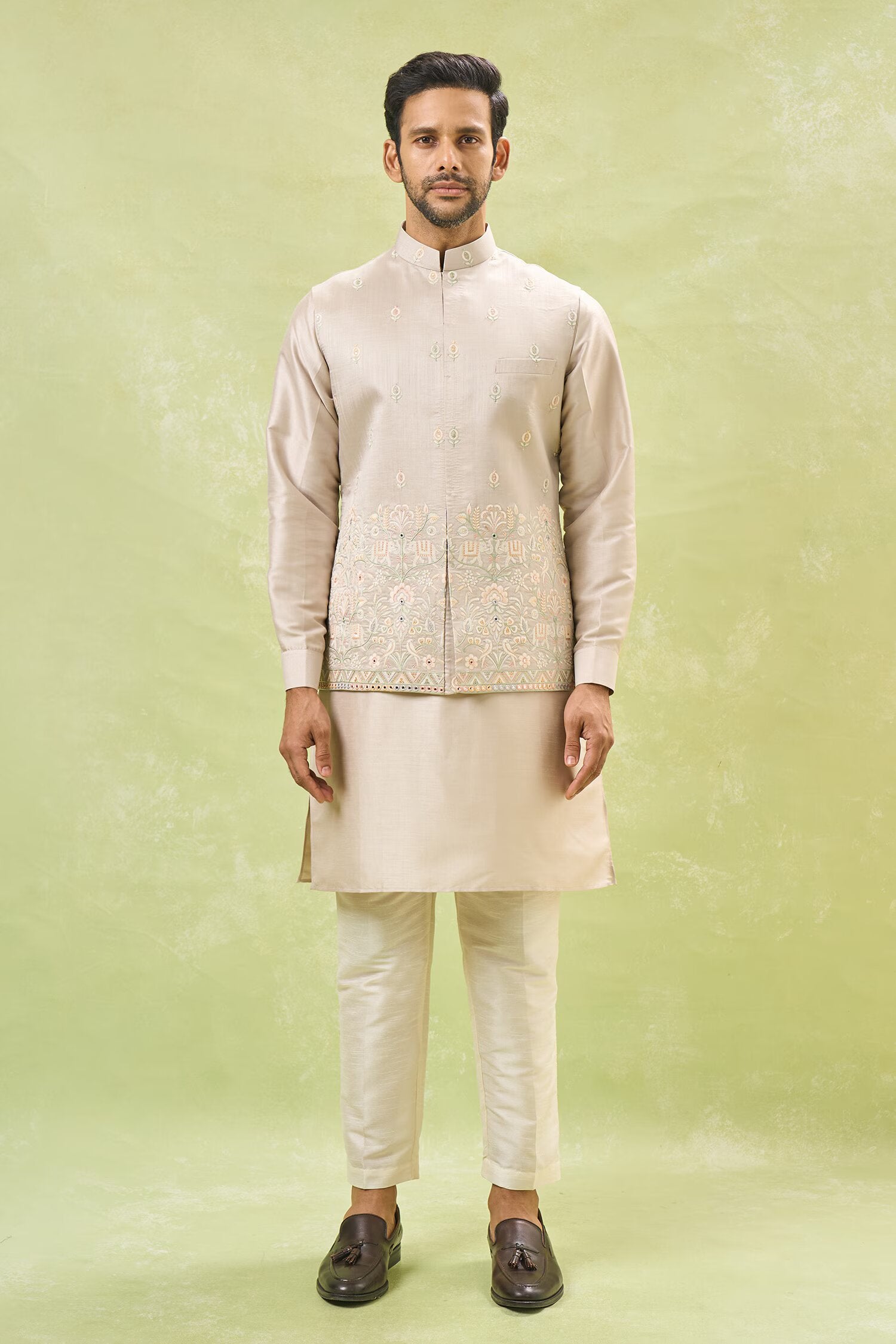 Beige Embroidered Kurta-Jacket Set