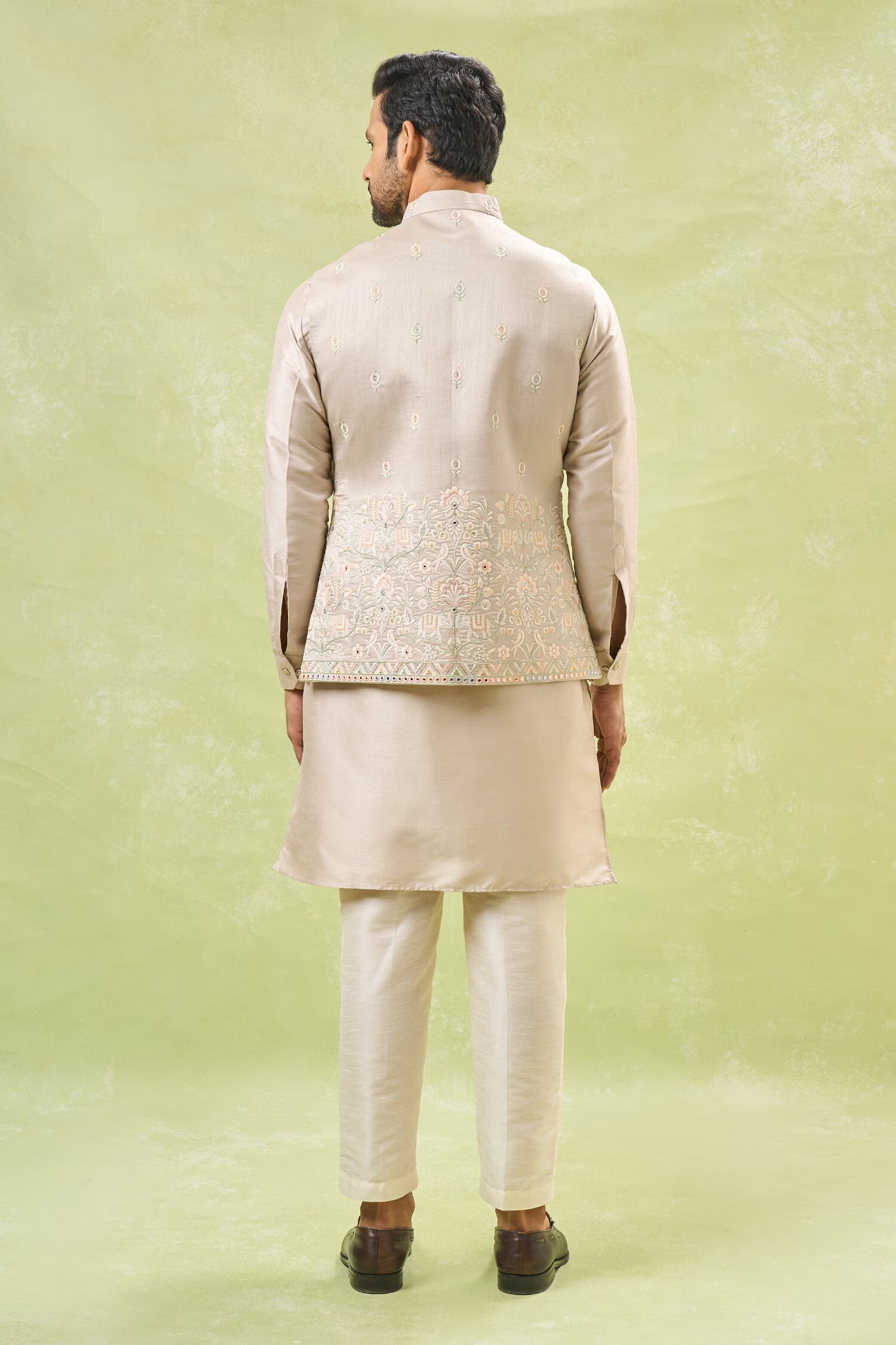 Beige Embroidered Kurta-Jacket Set