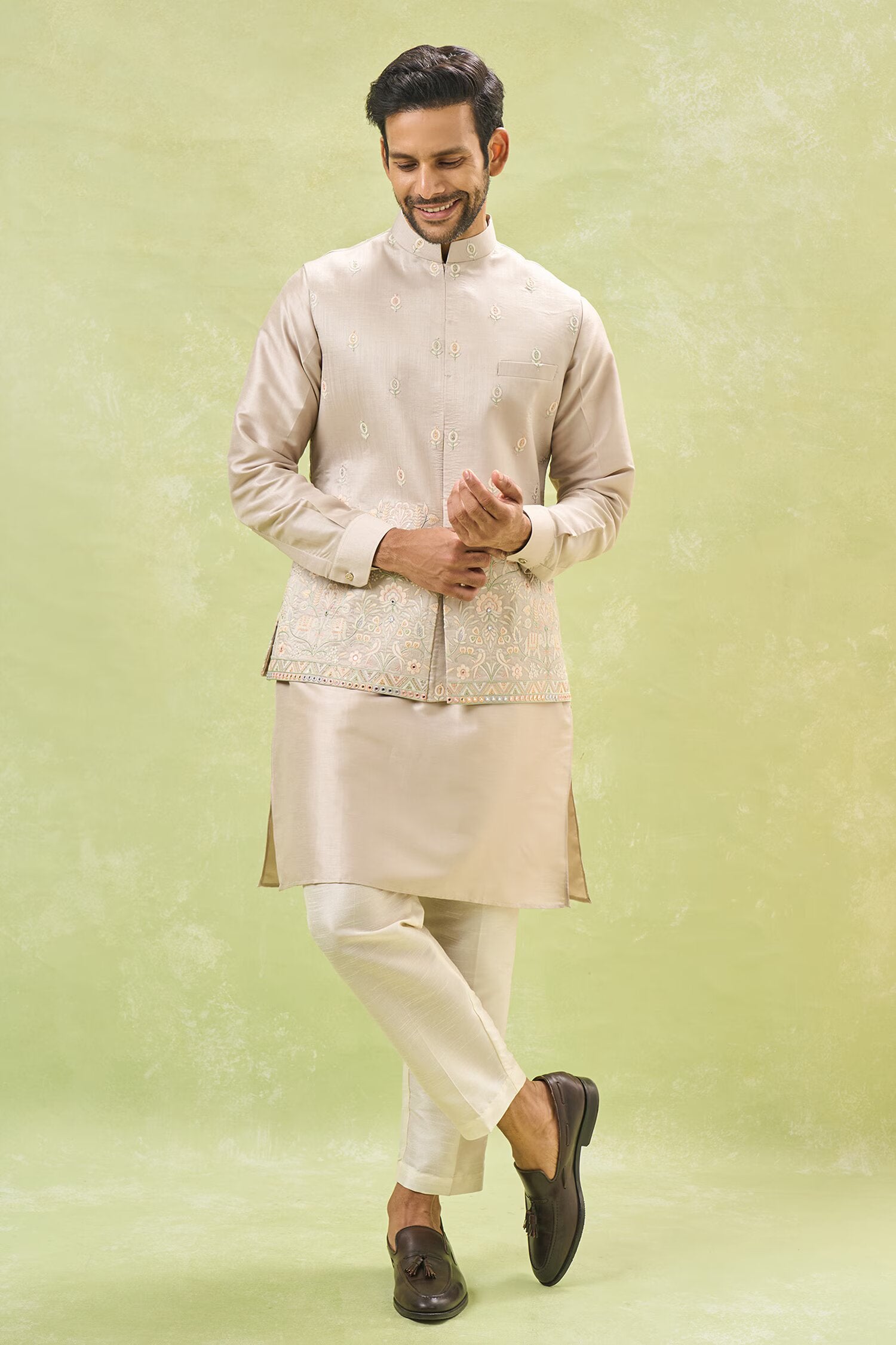 Beige Embroidered Kurta-Jacket Set