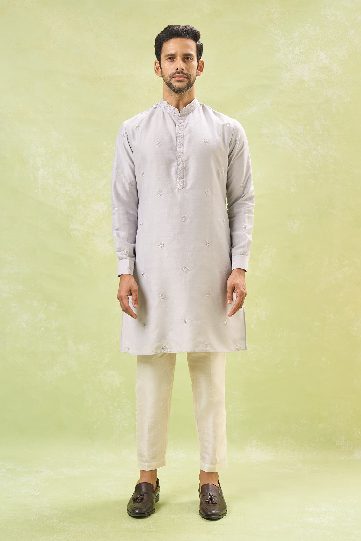 Grey Embroidered Kurta-Jacket Set