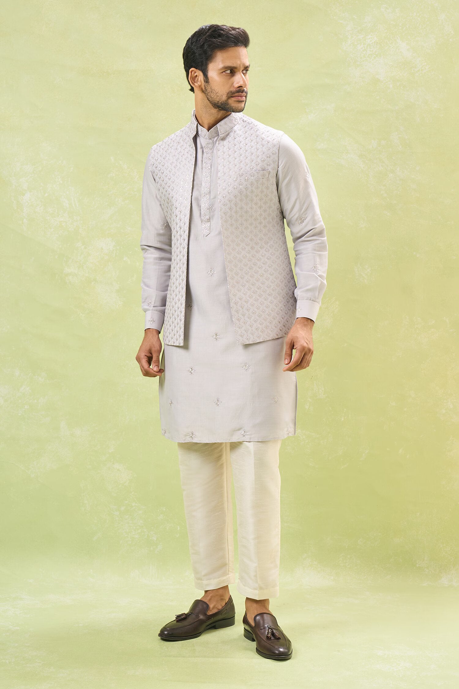 Grey Embroidered Kurta-Jacket Set