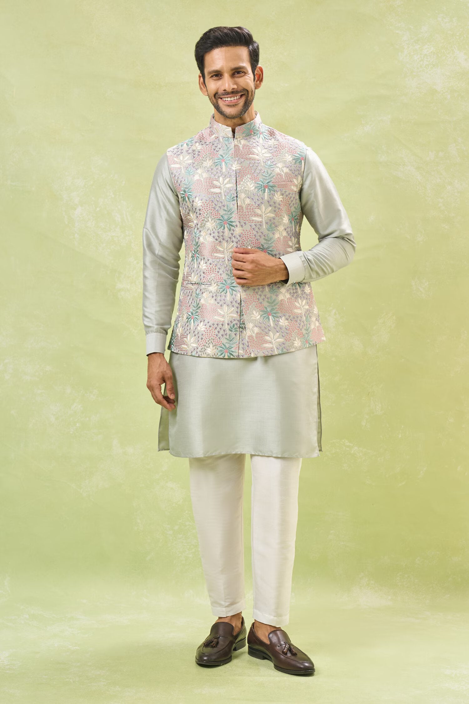 Grey Embroidered Kurta-Jacket Set