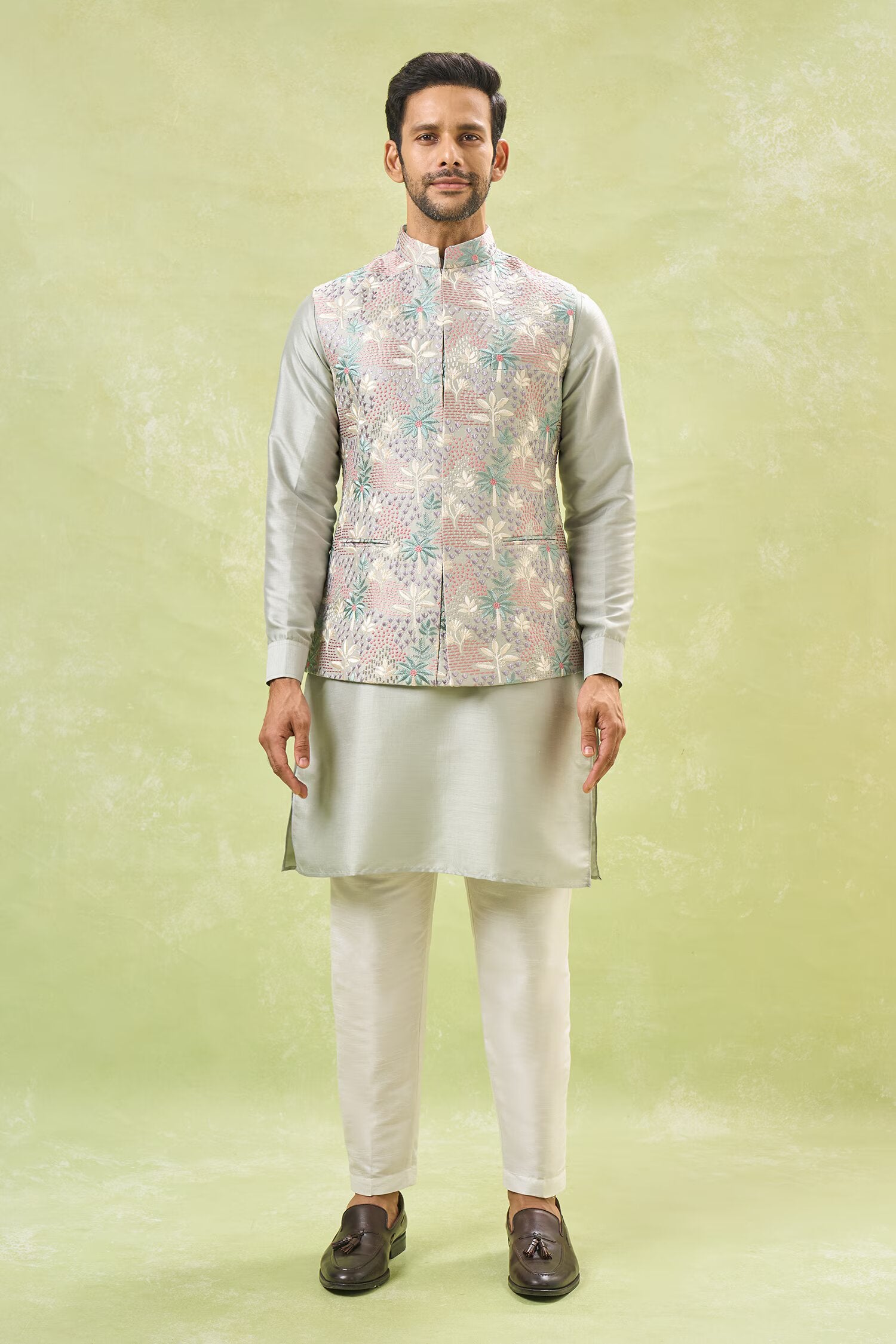 Grey Embroidered Kurta-Jacket Set