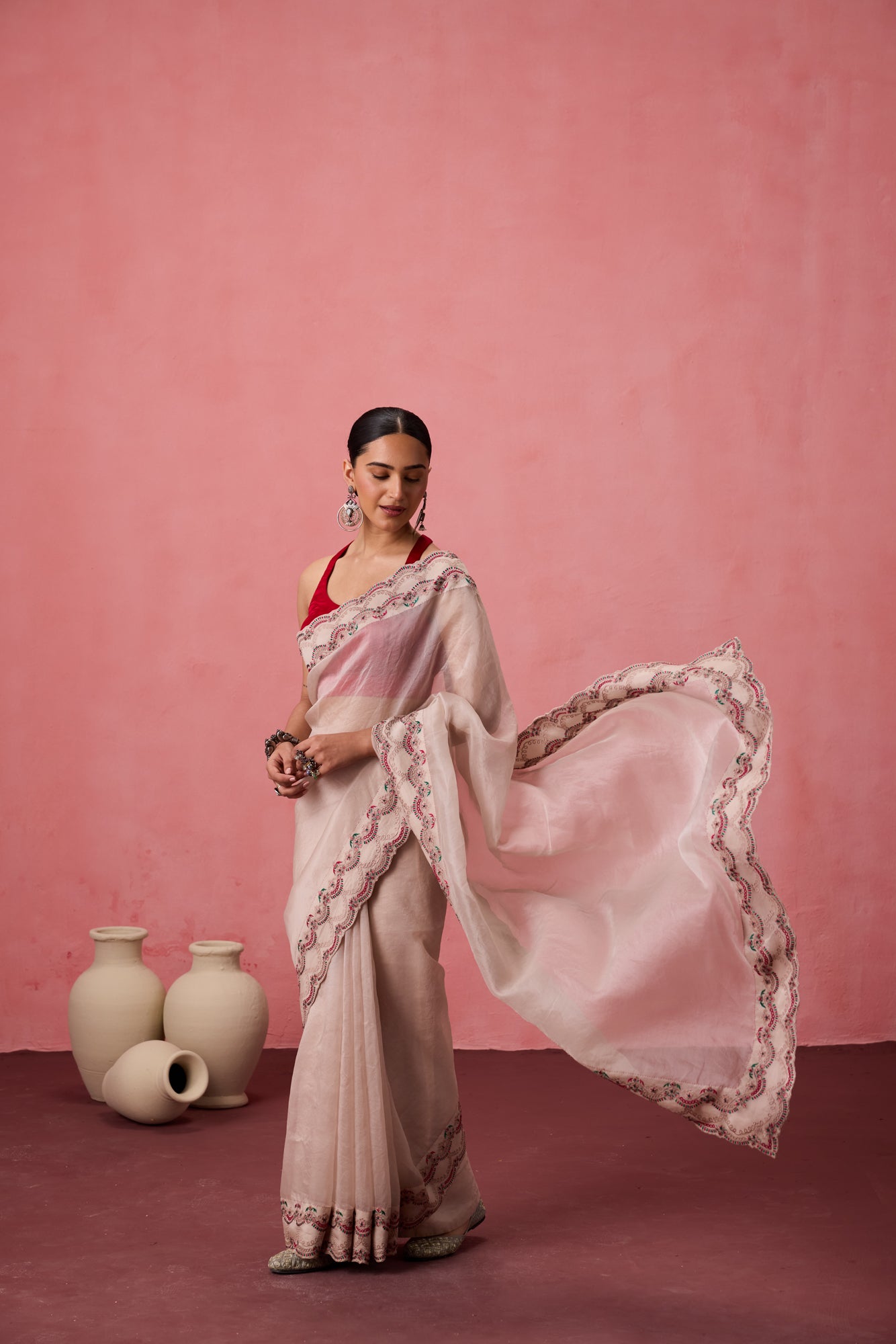 Classic white organza jaal embroidered saree comes with unstitched & unembroidered blouse fabric in chanderi
