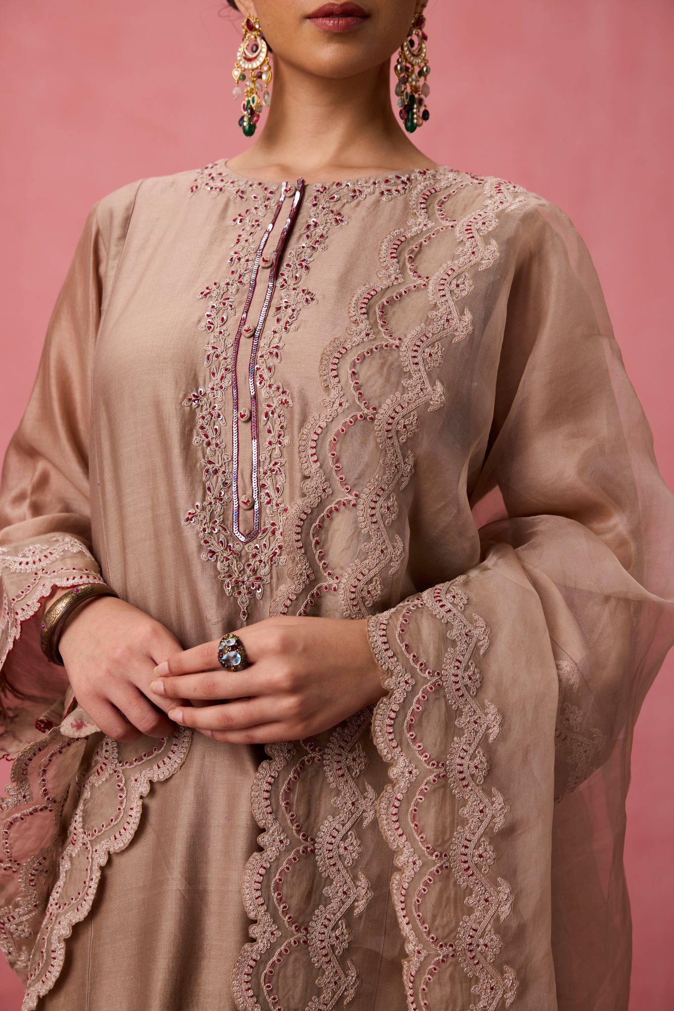 Champagne chanderi dori work and resham embroidered kurta paired with pant & organza dupatta