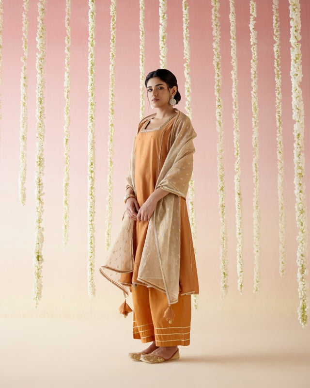 Dahlia Rust Gota Anarkali with
Wide Leg Pants & Dupatta - Set of 3