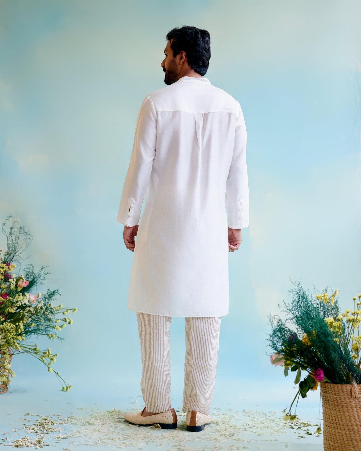 Ivory Lilac Chanderi Gota Kurta with Crushed Stripe Tissue Narrow Pants