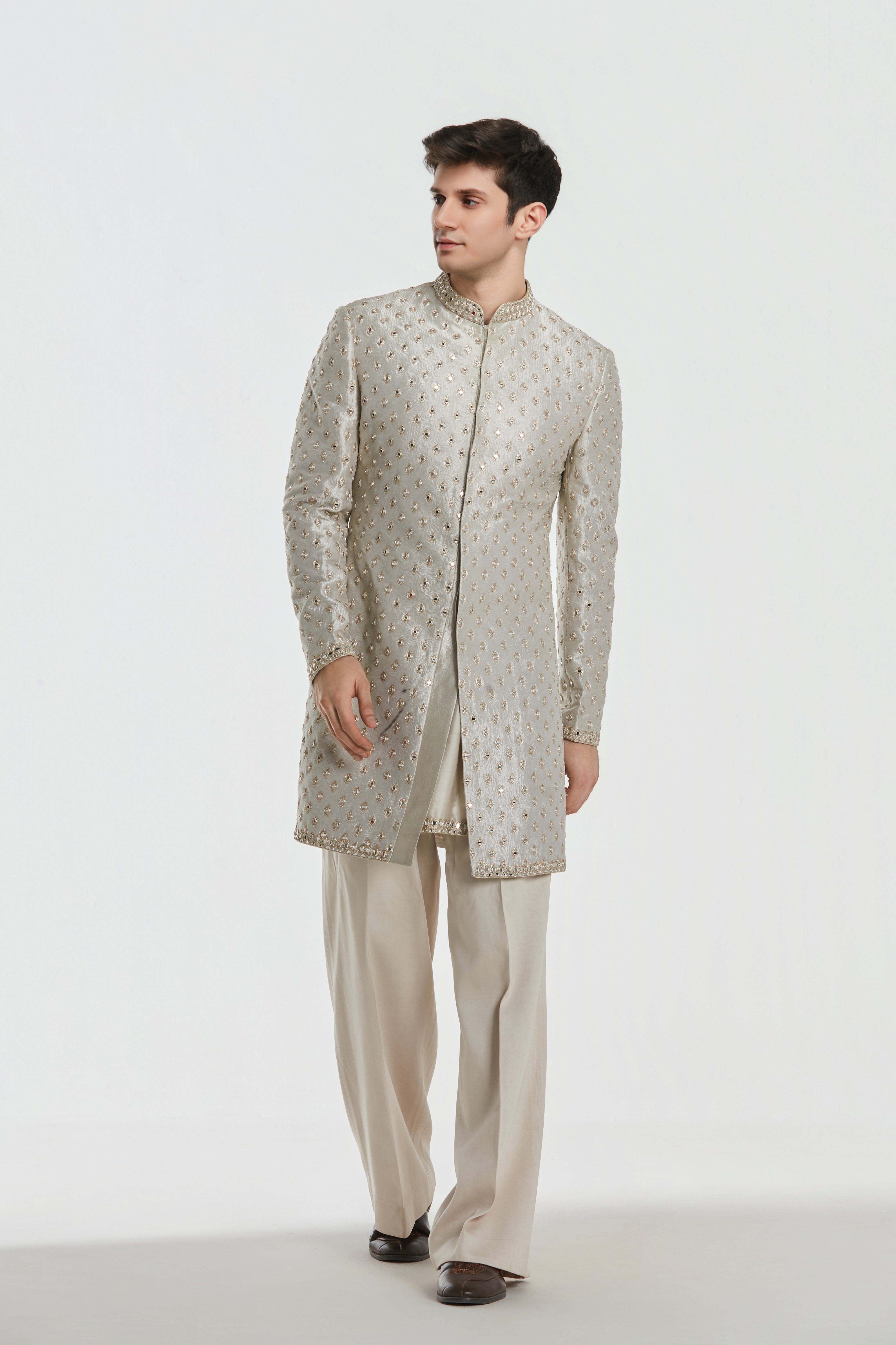 Sherwani - Tissue , kurta - Heavy chanderi , Pant - cotton twill