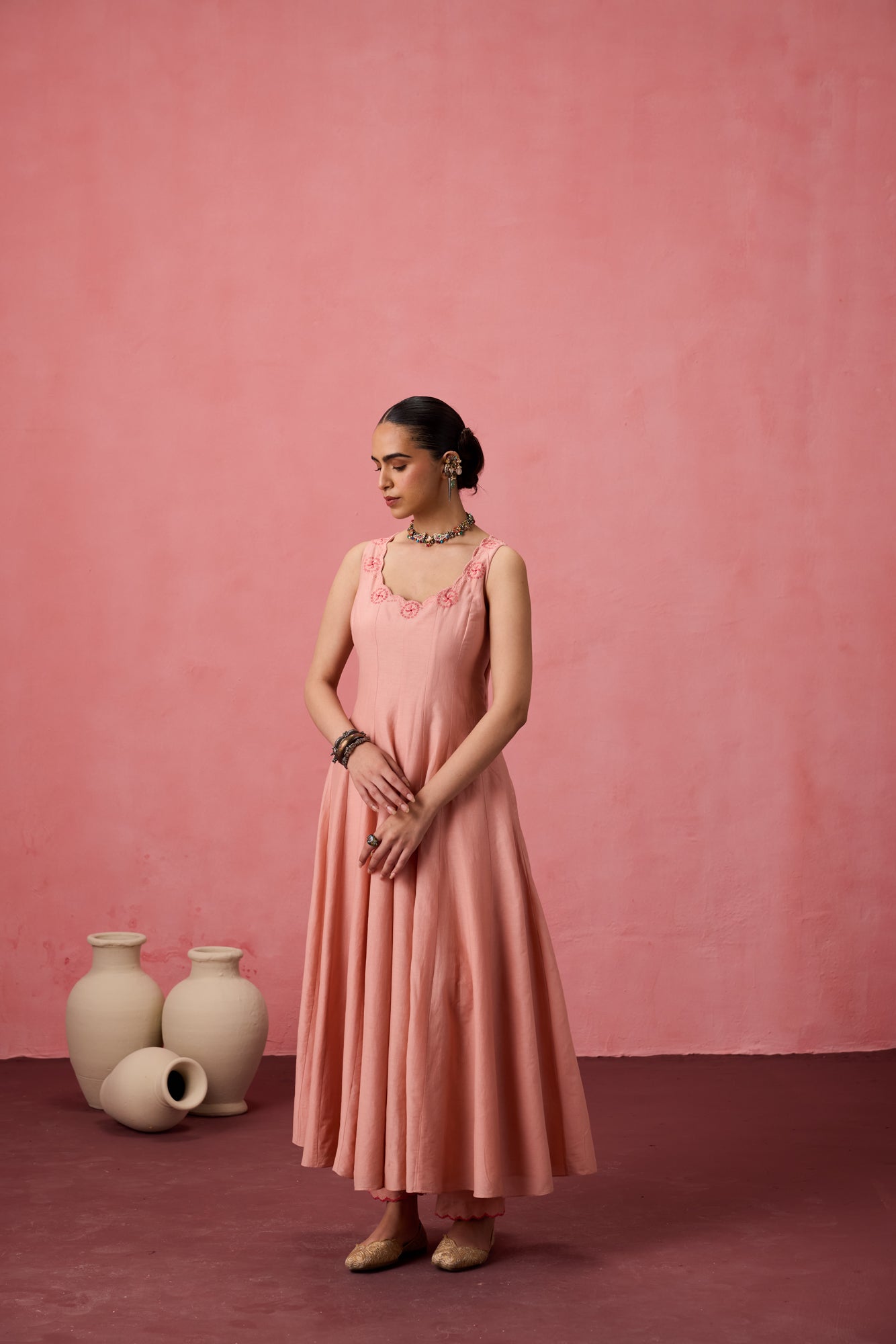 Peach cotton silk resham embroidered anarkali with pant & organza dupatta