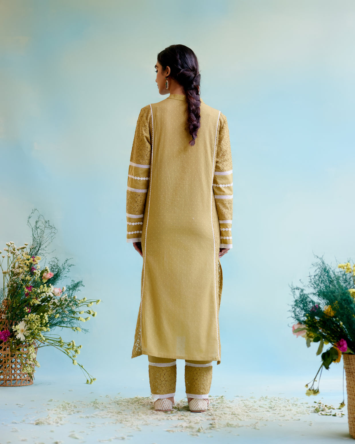 Olive Brown Kurta in Cotton Dobby and Schiffli fabric with Delicate Lace Detaling with Narrow Pants