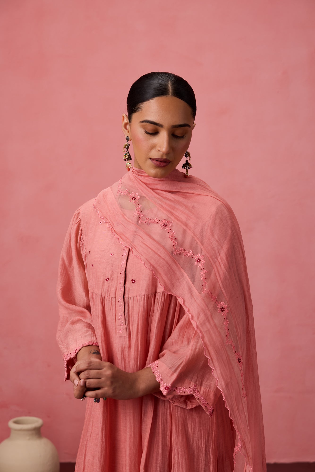 Peach chanderi resham embroidered kurta paired with organic cotton slip, pant & Chanderi dupatta