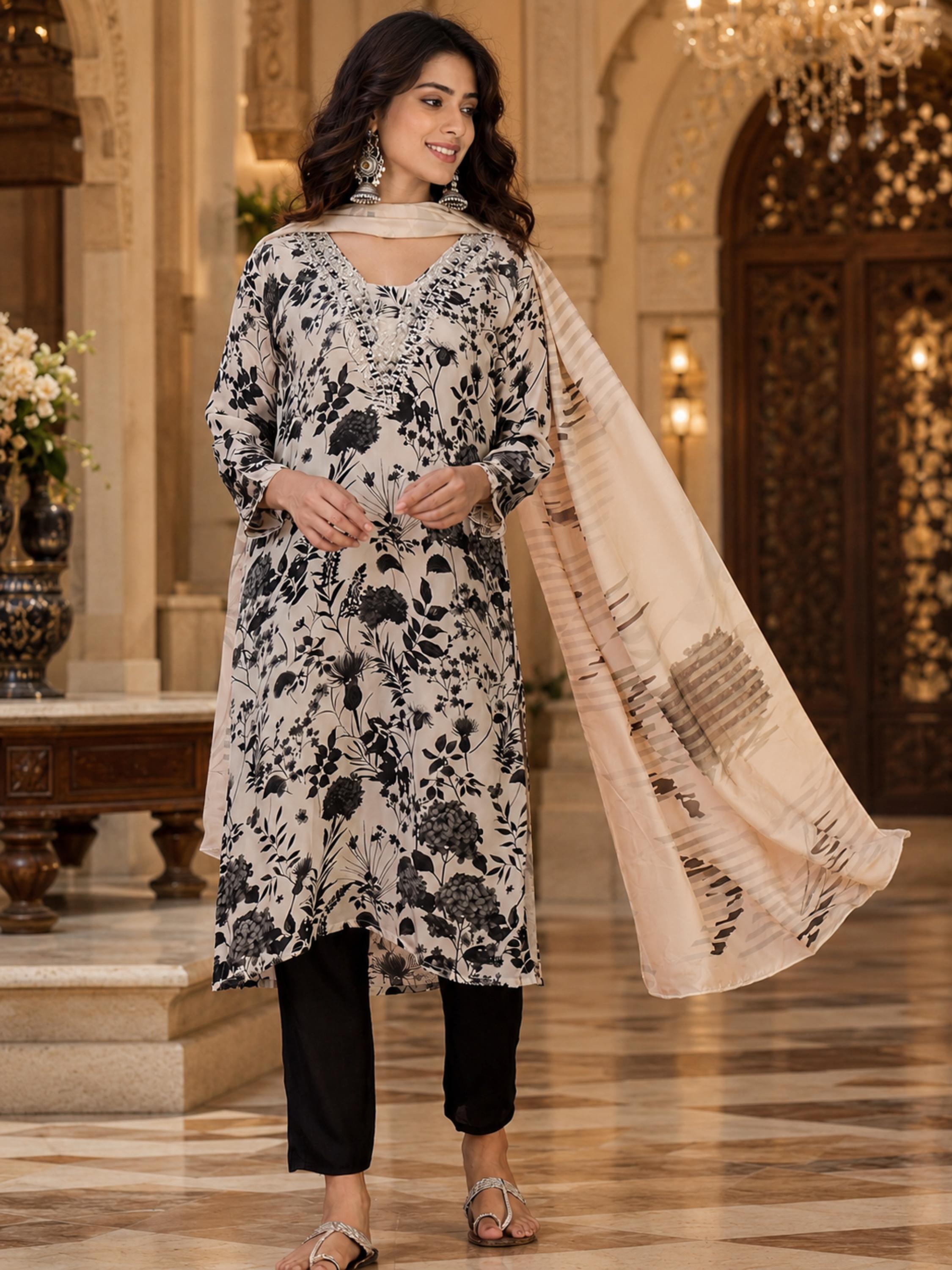 Women's Silk Beaige Kurta Set 1