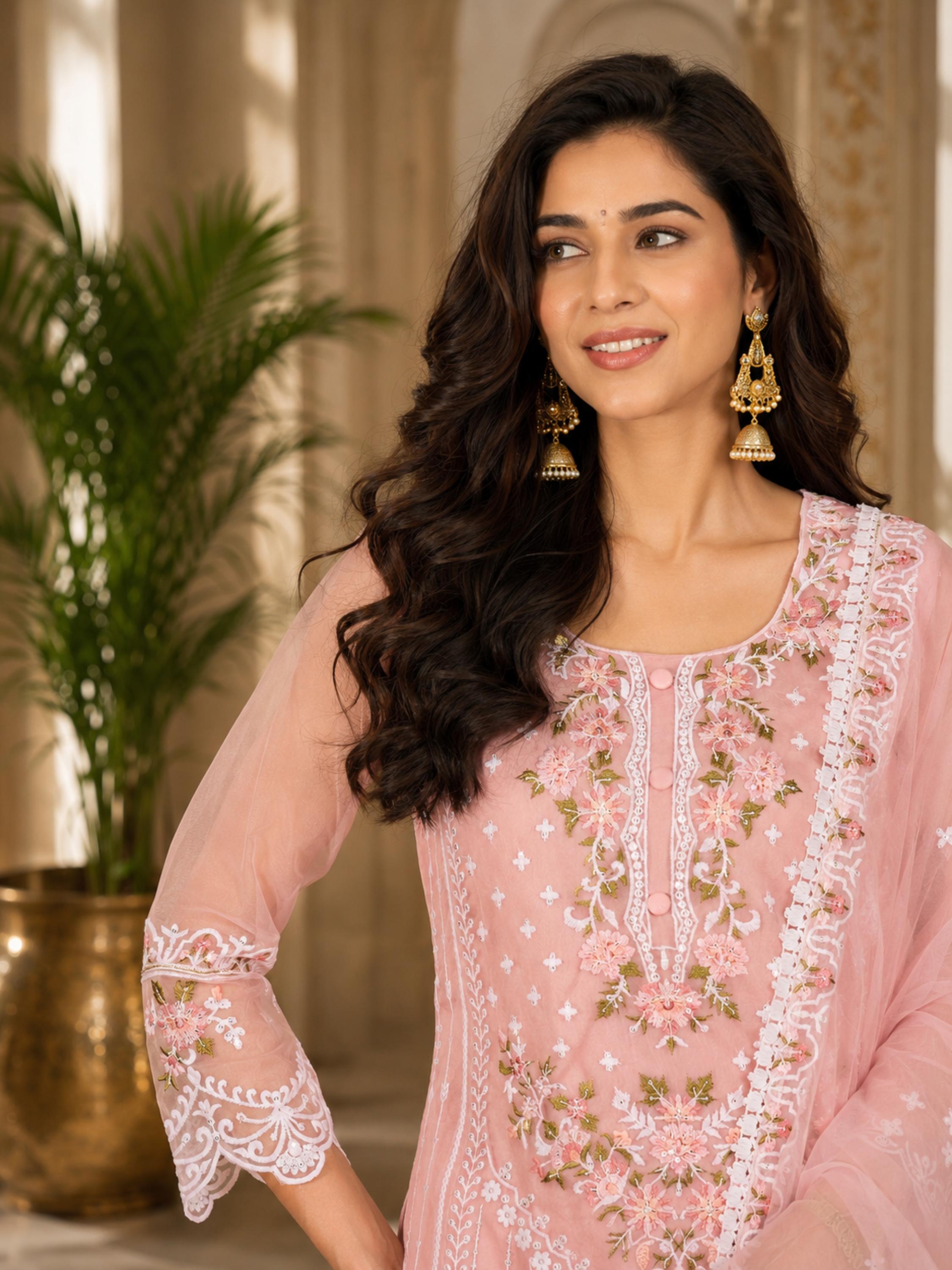Women's Organza Pink Kurta Set