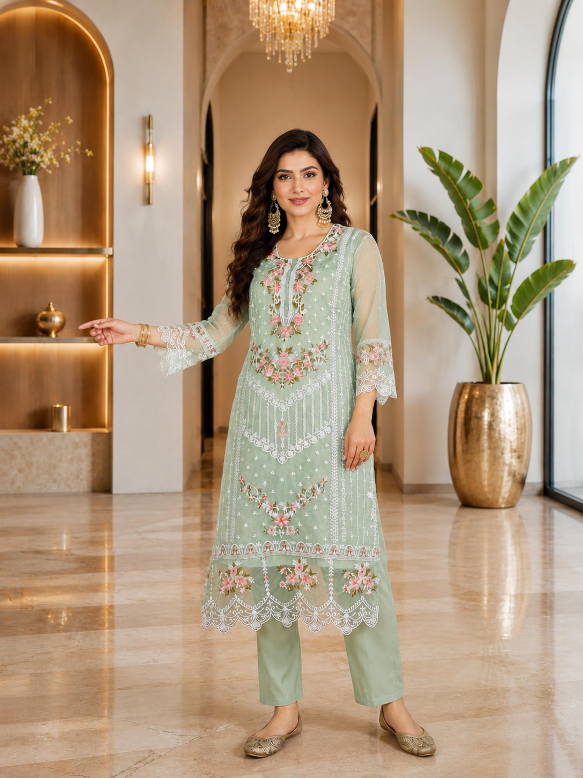 Women's Organza Sea Green Kurta Set