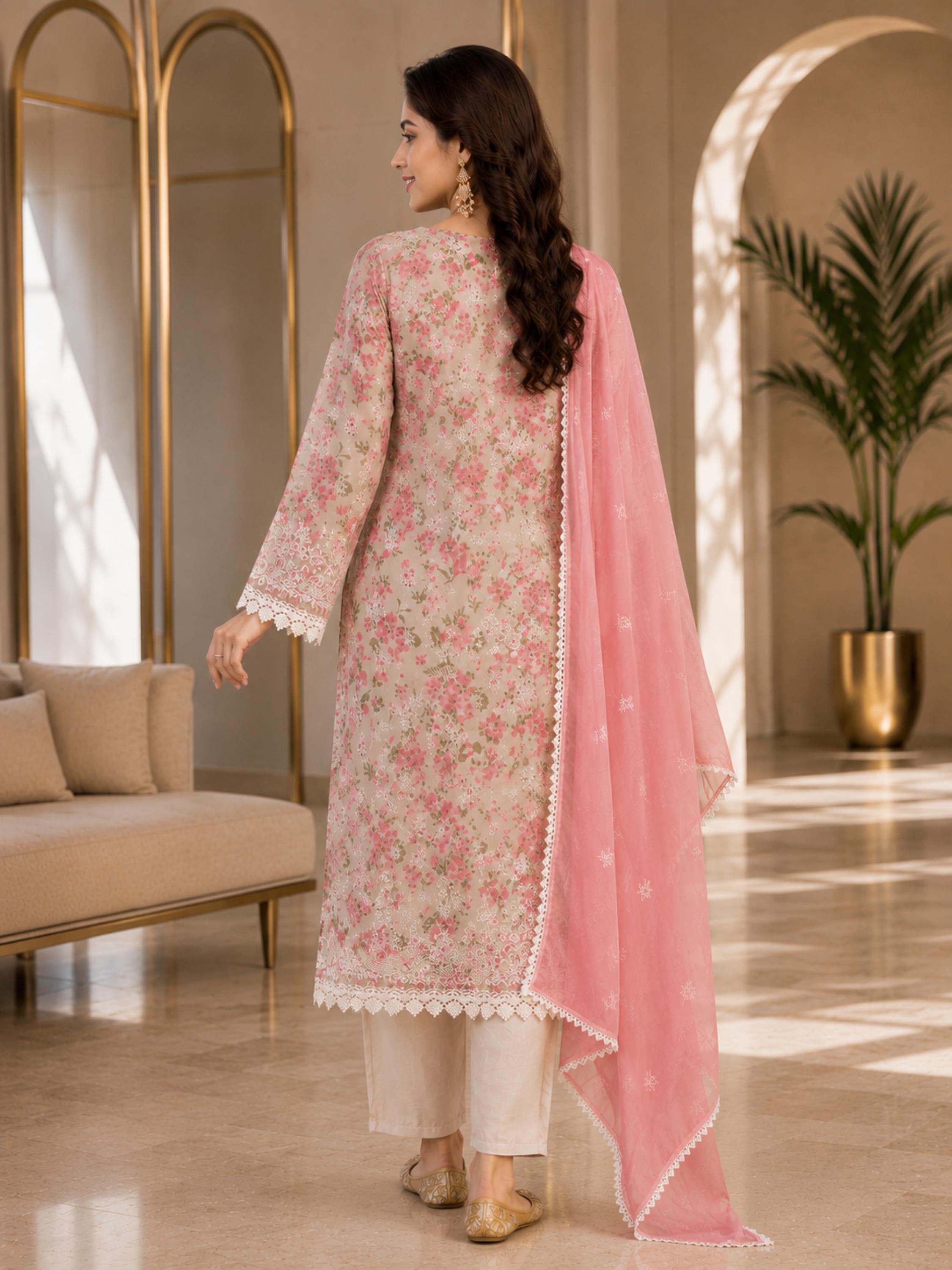 Women's Organza Beige Kurta Set 3