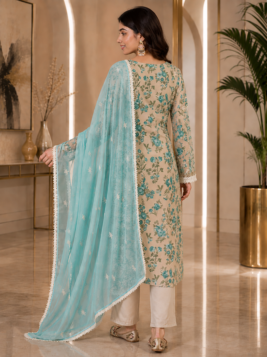 Women's Organza Beige Kurta Set 4