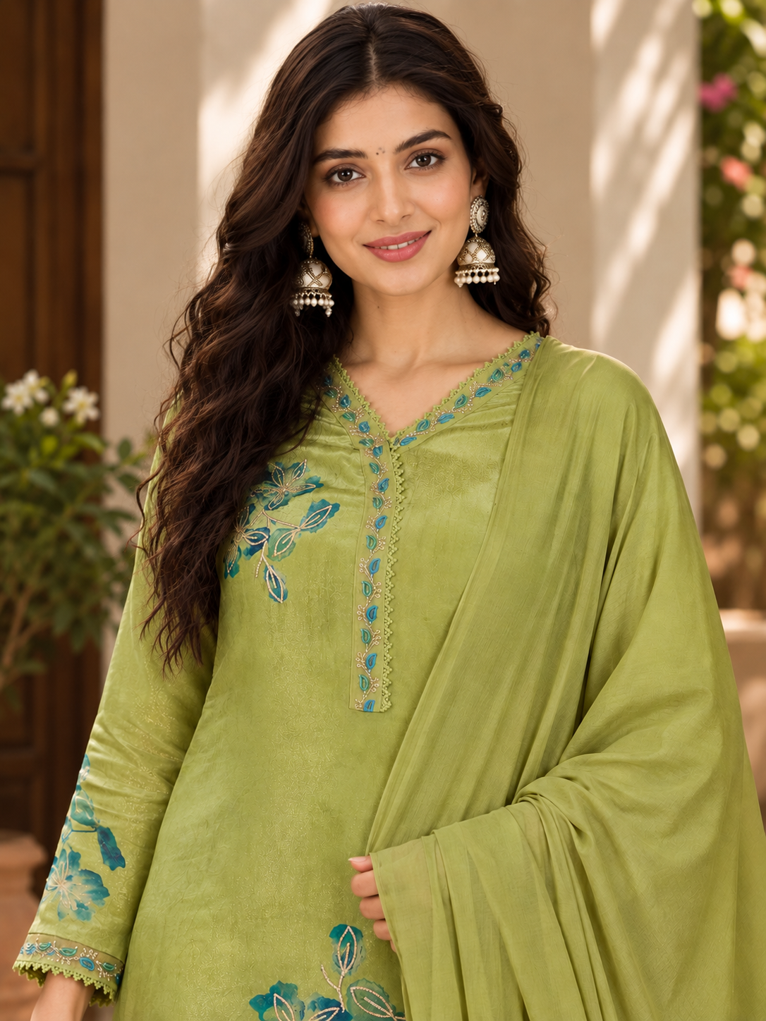 Women Green Silk Crepe Embroidery Kurta Set