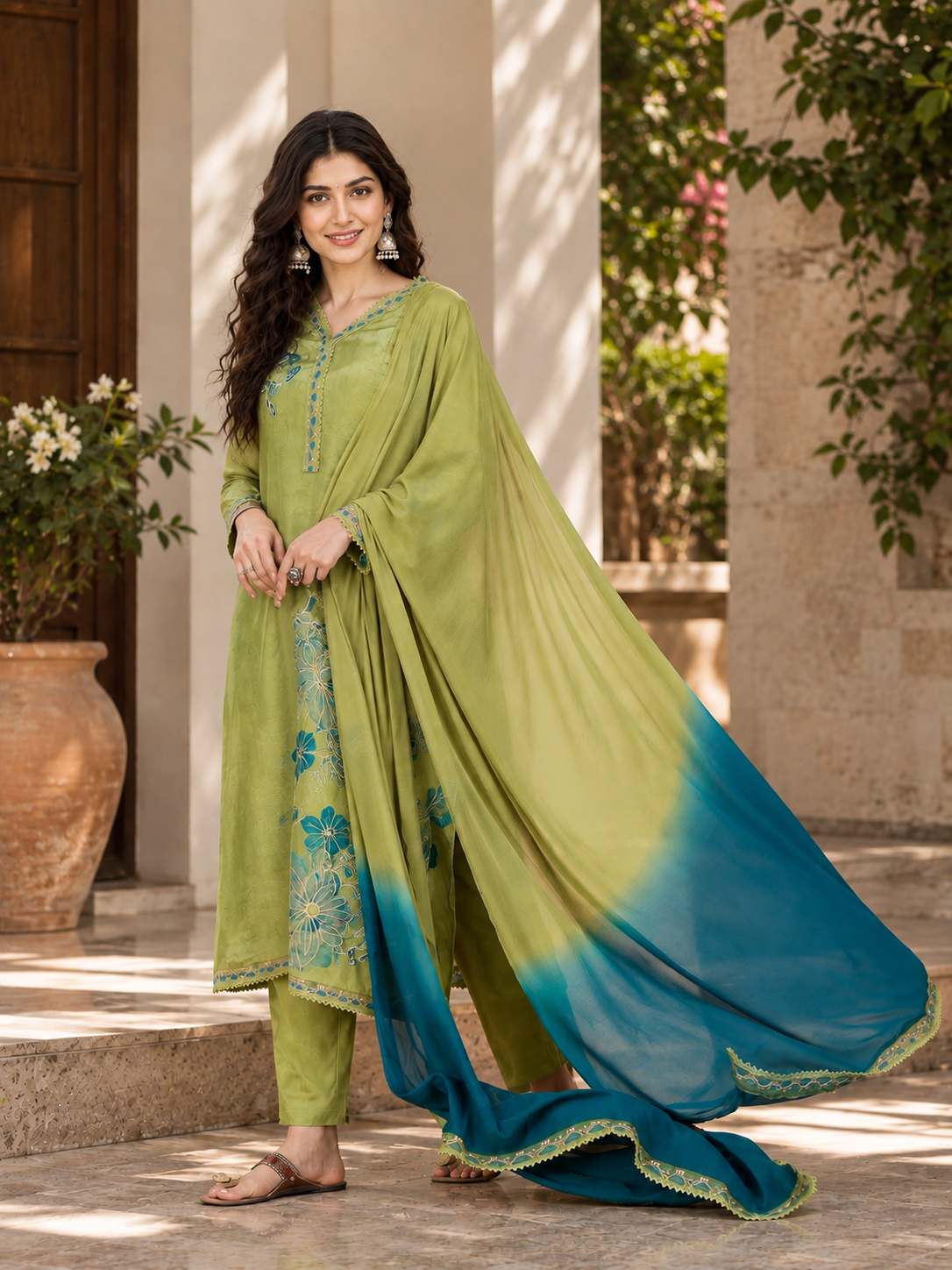 Women Green Silk Crepe Embroidery Kurta Set