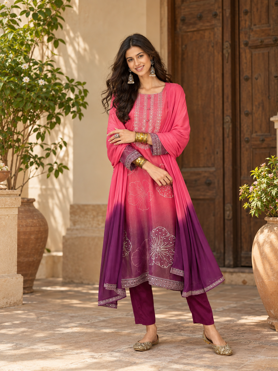 Women Pink Silk Crepe Embroidery Kurta Set