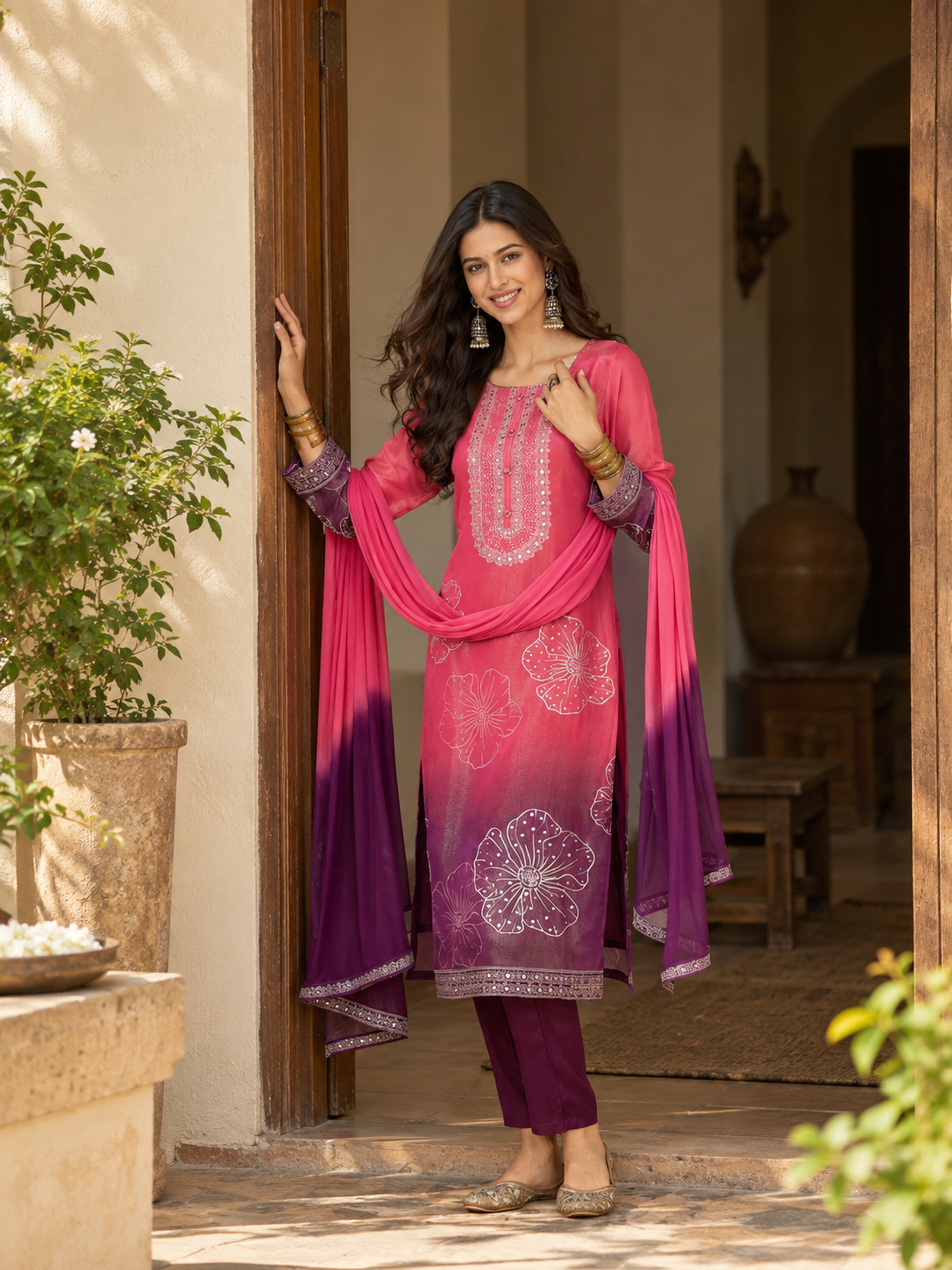 Women Pink Silk Crepe Embroidery Kurta Set