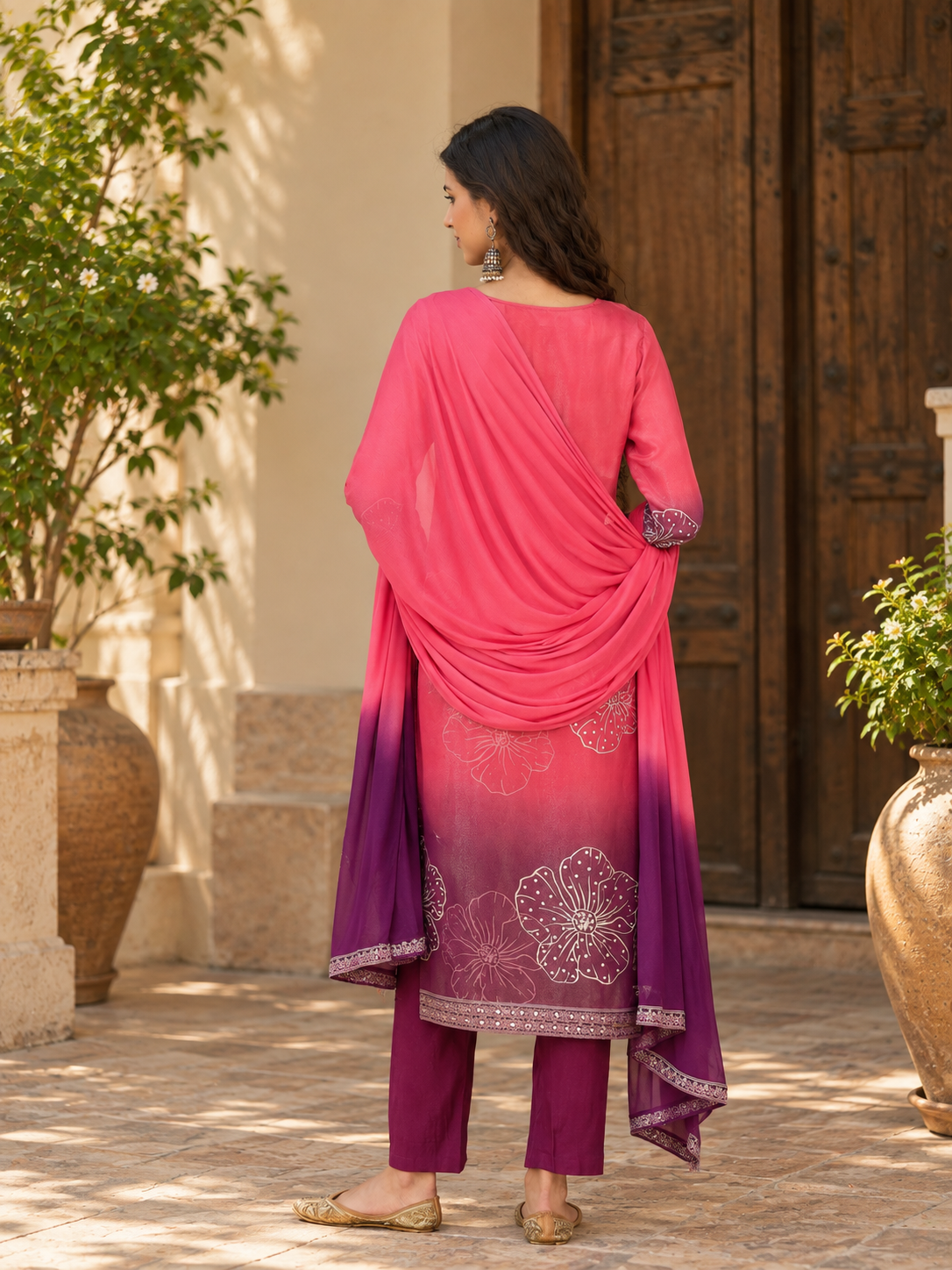 Women Pink Silk Crepe Embroidery Kurta Set