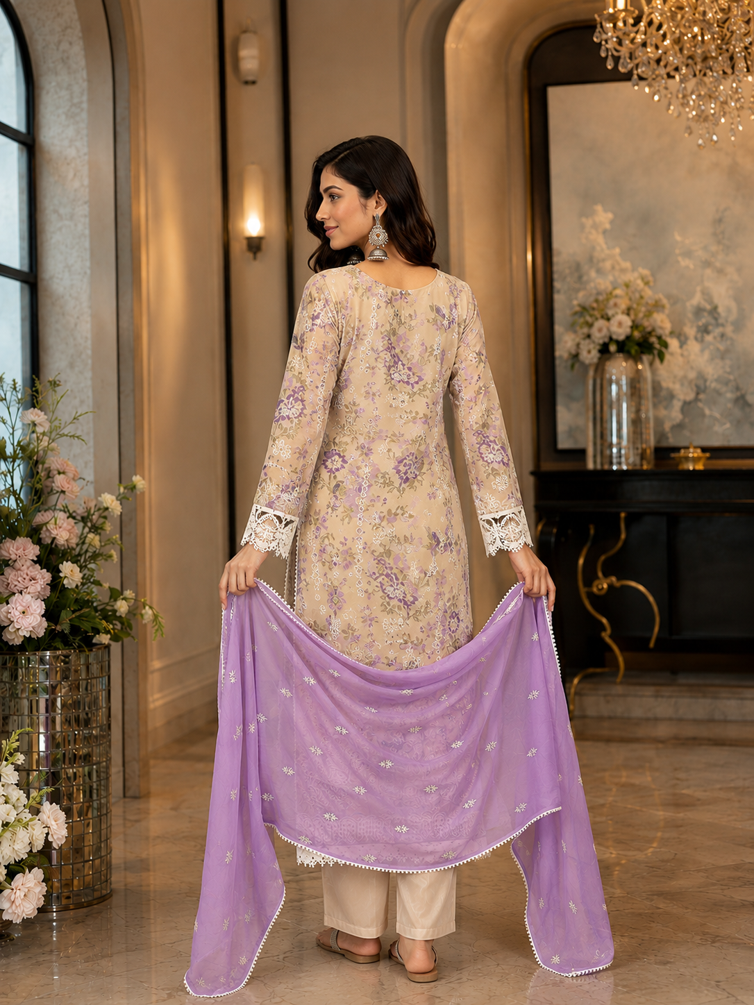 Women's Organza Beige Kurta Set 5