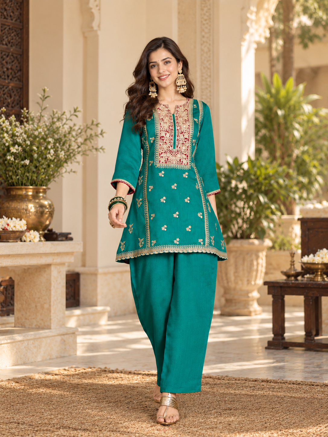 Women Blue Vichitra Silk Embroidered Kurta Set