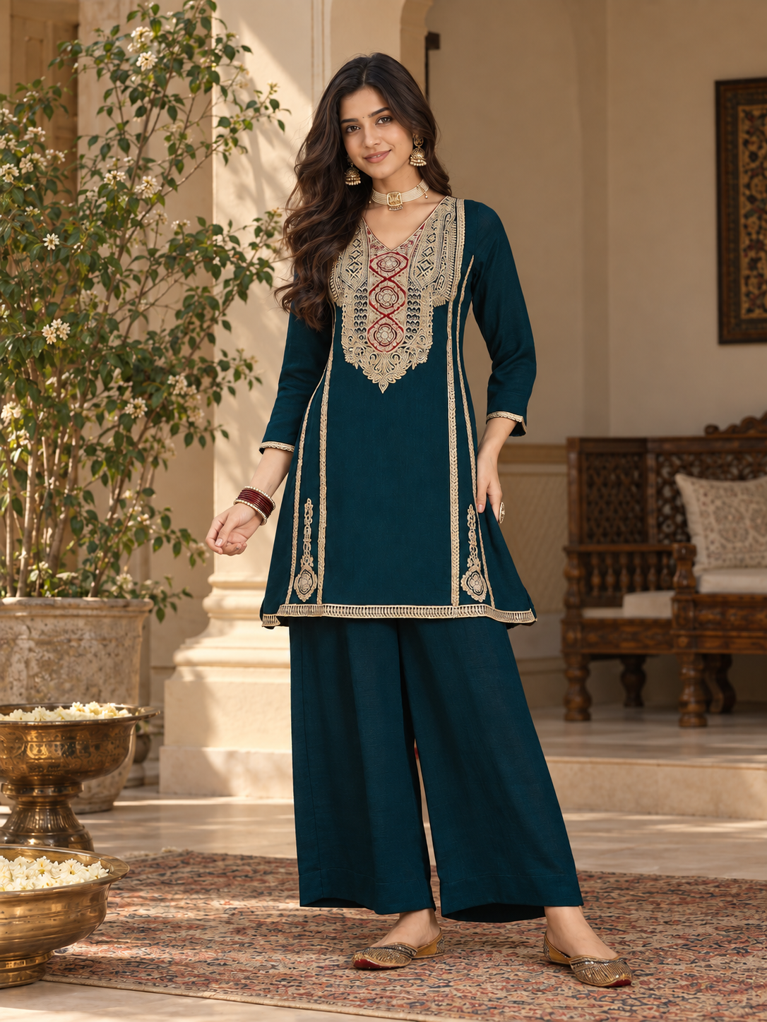 Women Teal Vichitra Silk Embroidered Kurta Set