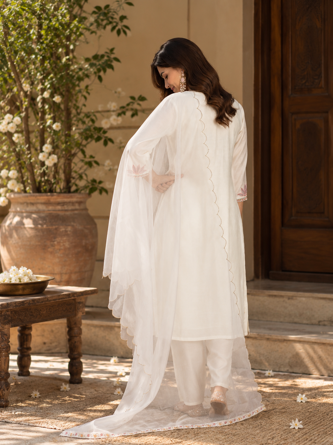 Women White Roman Silk Embroidery Kurta Set